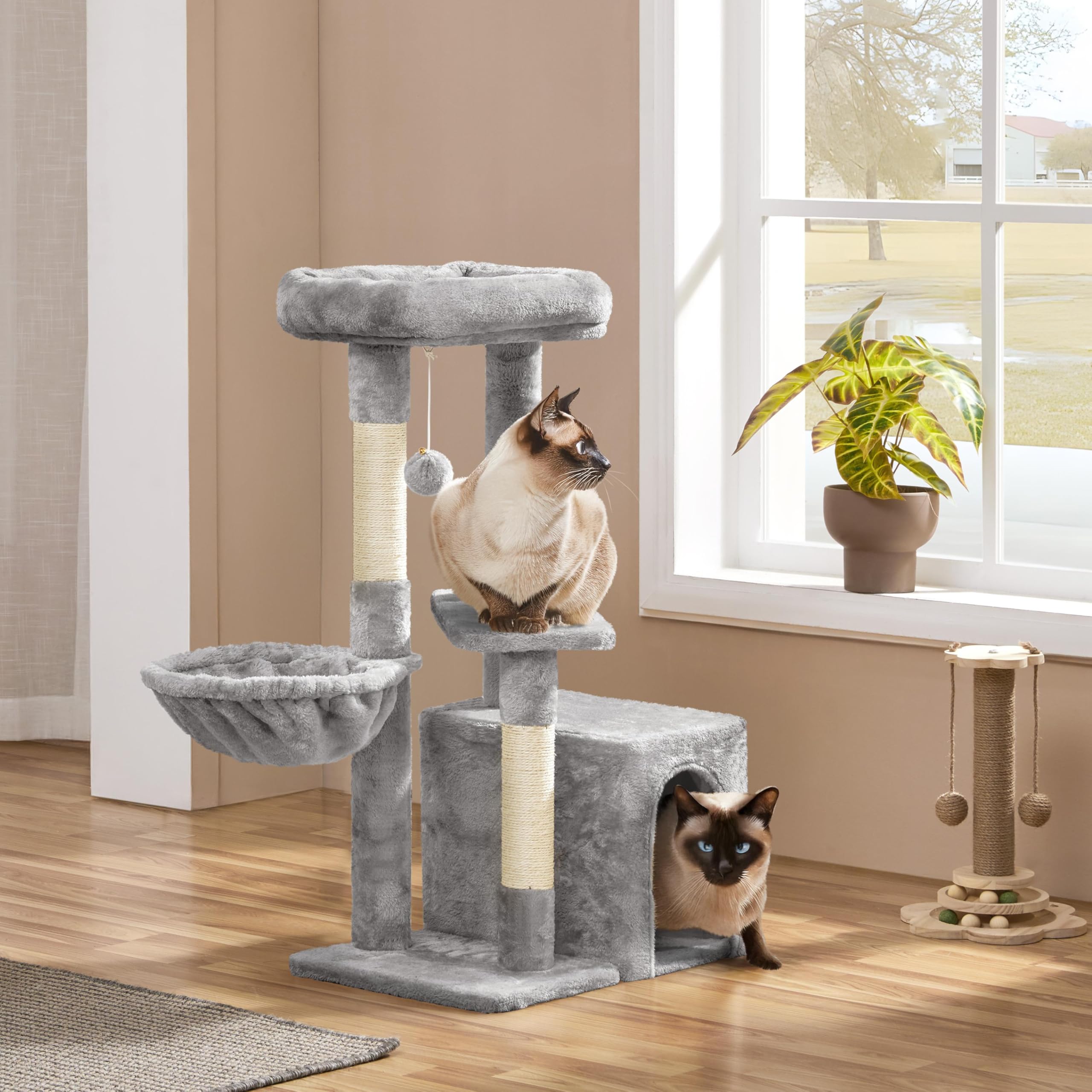 Tectake Krabpaal Lilou 165cm - Met Kattenhuisje - Beige