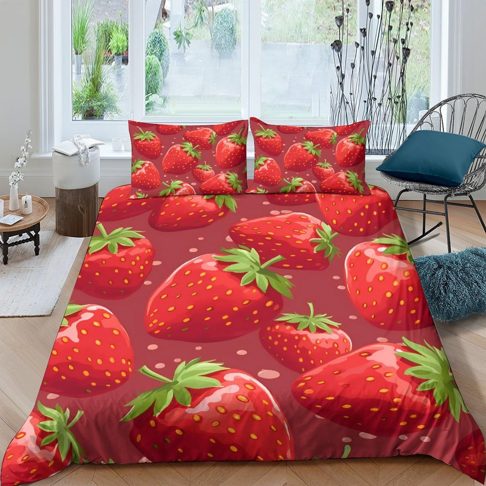GPLZQXKJNH 3D Printed Strawberry Fruit Duvet Cover Microfiber Red Bedding Set with 2 Pillowcases for Bedroom Apartment Decor Single（135x200cm）
