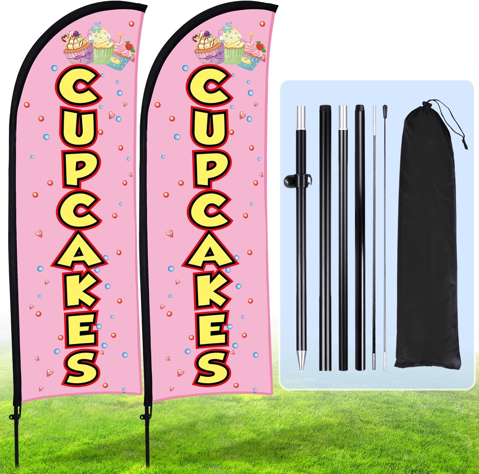 Buryeah 2 Sets Cupcakes Feather Flag Kit, 7 ft Cupcakes Swooper Flag Banner Signs with Pole Ground Stake and Portable Bag for Snack Bar Store Business Advertising Outside (Pink)