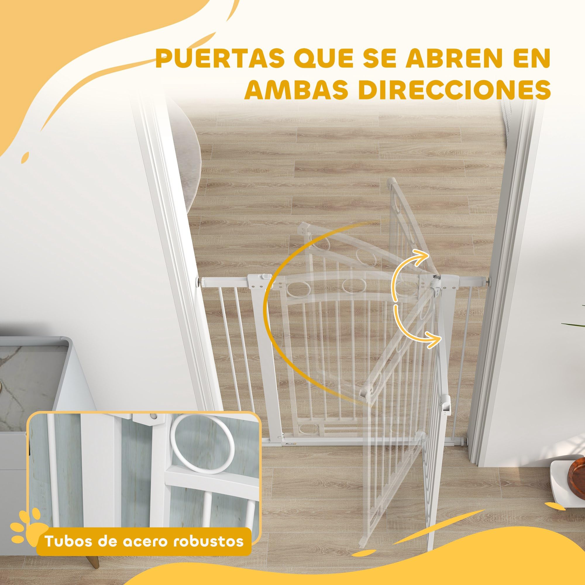 PawHut Cancelletto per cani con barriera di sicurezza per cani 76-104 cm Altezza 105 cm con 2 prolunghe 7/14 cm per scale e cancelli Bianco