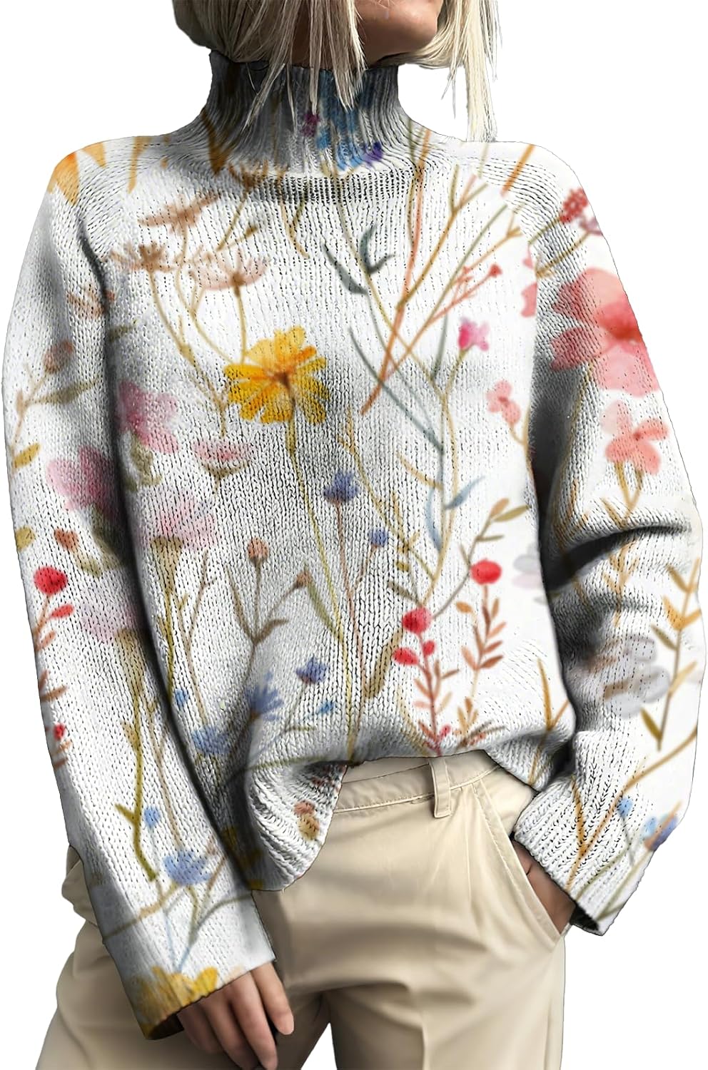 MARSVOVO Fashion Casual Fall Sweaters for Women Soft Loose Cozy Turtleneck Sweater Vintage Spring Pullover Tops