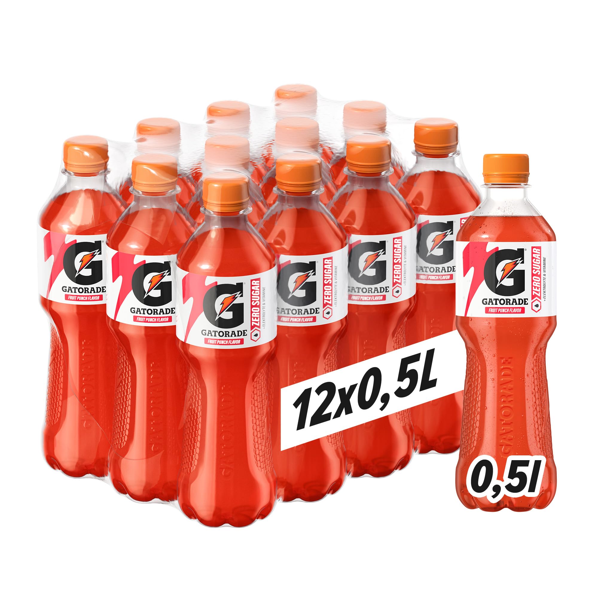 Gatorade Zero Fruit Punch Flavor, zuckerfreies Sportgetränk mit dem Geschmack nach tropischen Früchten, in sportlicher PET-Einwegflasche (12 x 0,5 L)