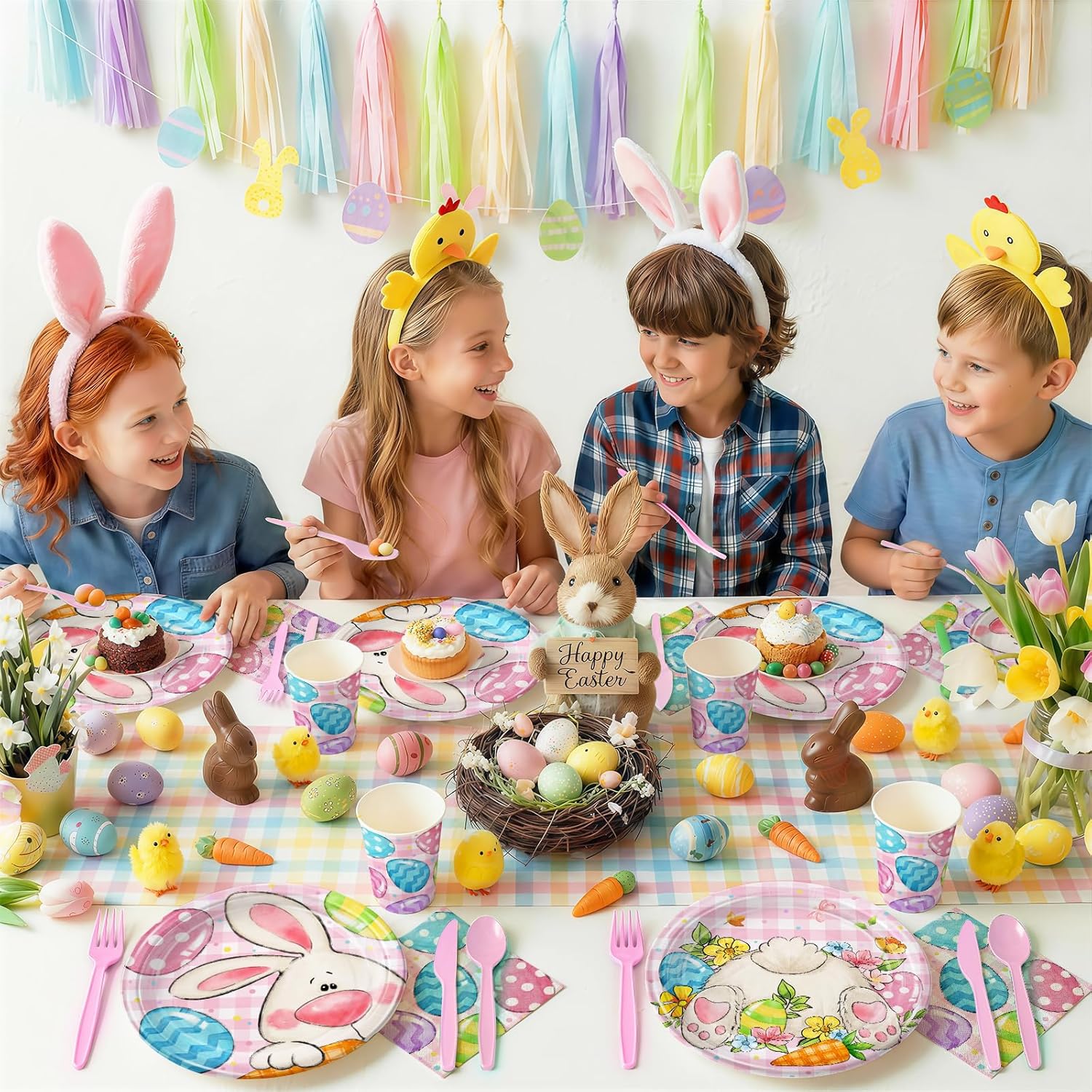 168PCS Easter Party Supplies Easter Egg Party Decorations with Pink Plaid Bunny Paper Plates and Napkins Cups for Spring Themed Easter Birthday Party Serves 24