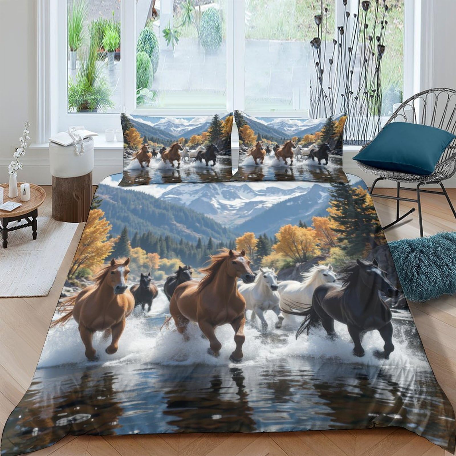 Ctjqhvkz Style-4 3D Printed Wild Horse River Fitted Sheet Microfiber Autumn Mountain Forest Mattress Cover For Bedroom Guest Room Decor Single（135X200cm）