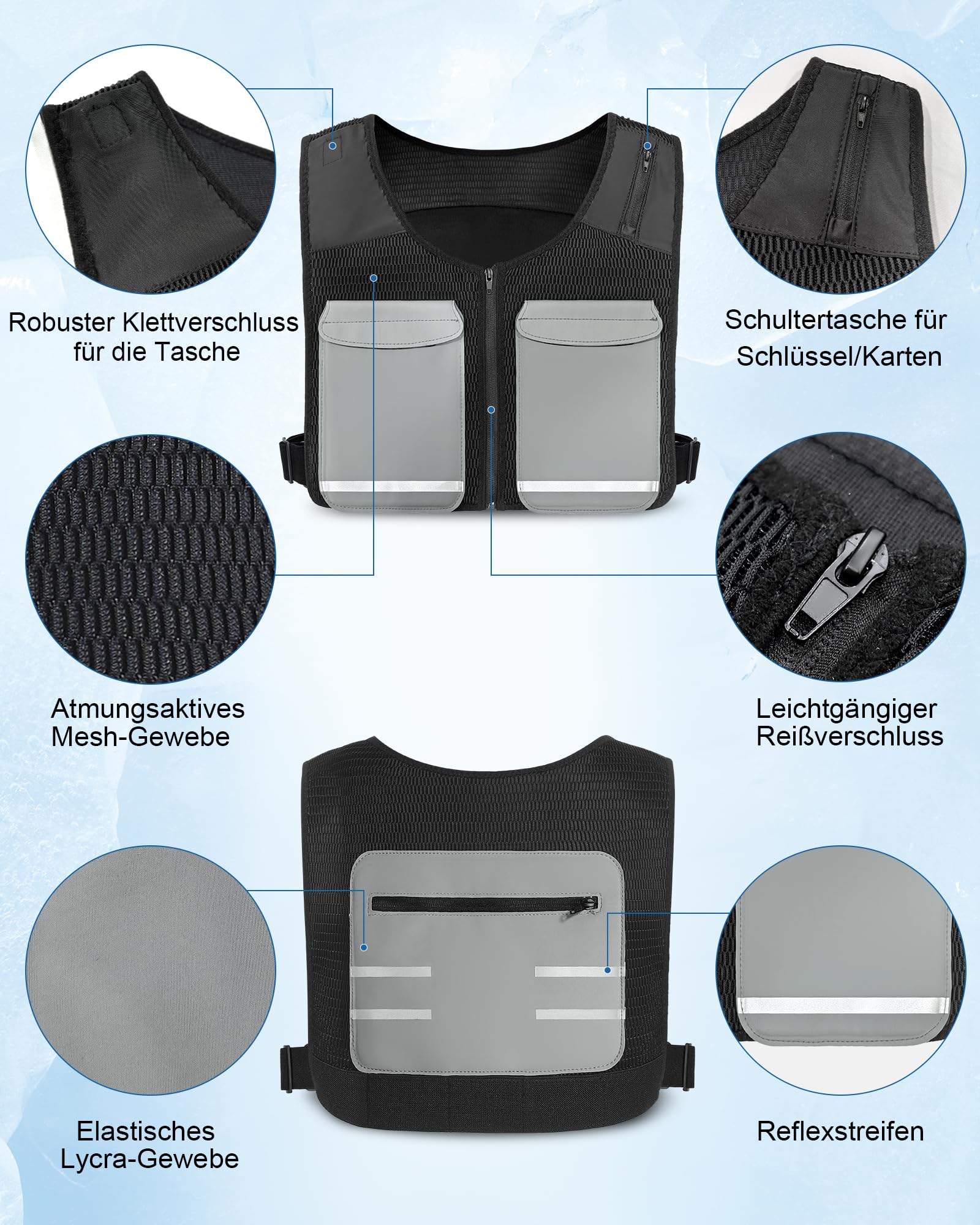 FERNIDA Giubbotto refrigerante regolabile unisex riflettente con sacchetti di ghiaccio per pesca, ciclismo, corsa, giardinaggio, costruzione, tempo di raffreddamento lungo