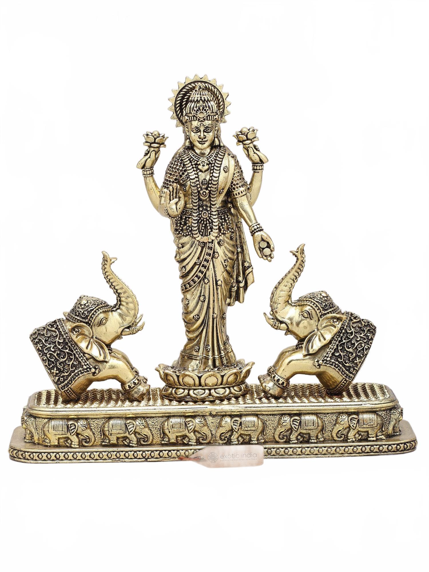 Exotic India Superfine Gajalakshmi Brass Statue with Elephants | Goddess Lakshmi Idol for Mandir, Home & Pooja Décor