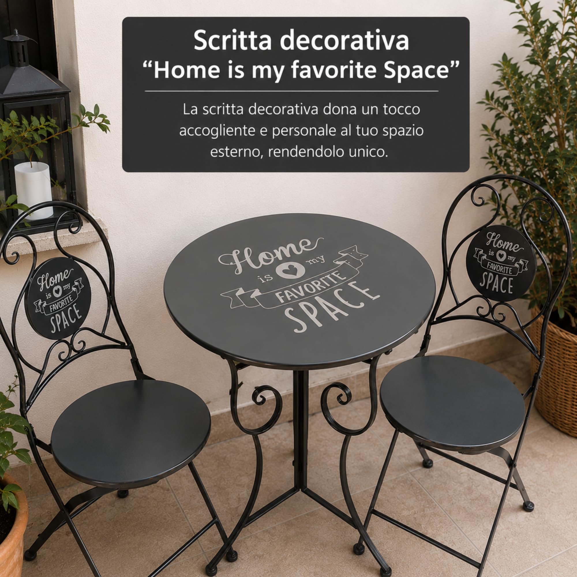 Tavolo e Sedie da Esterno con Tavolino Rotondo e 2 Sedie (Bistrot Fiore) | Struttura in metallo, colore grigio, tavolo Ø60 cm, ideale per balcone terrazzo veranda giardino