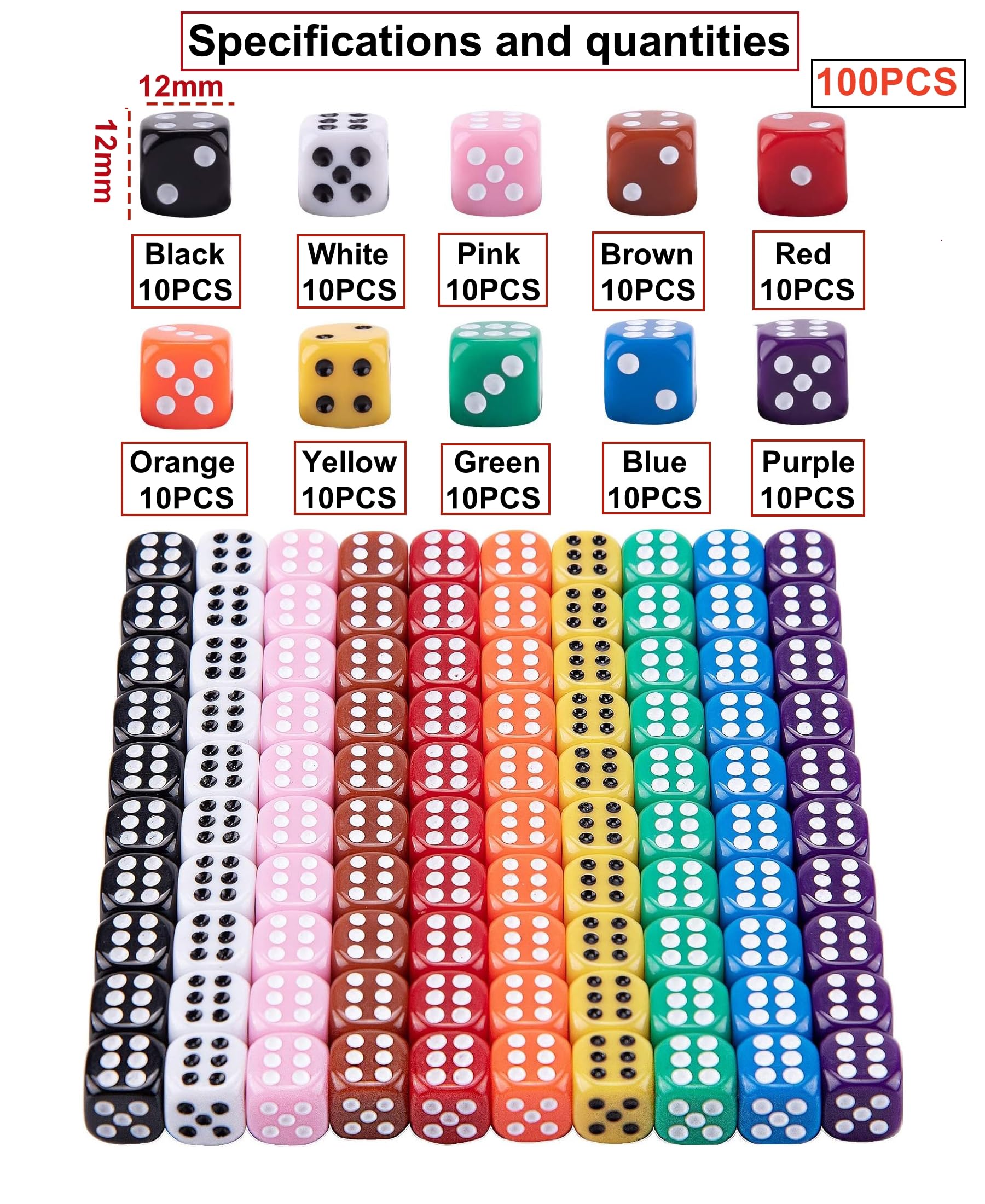 100 Pezzi Dadi Impostato,6 Facce 12mm Dadi,Cubo a sei Lati, per Giochi da Tavolo e Feste,10 Colori