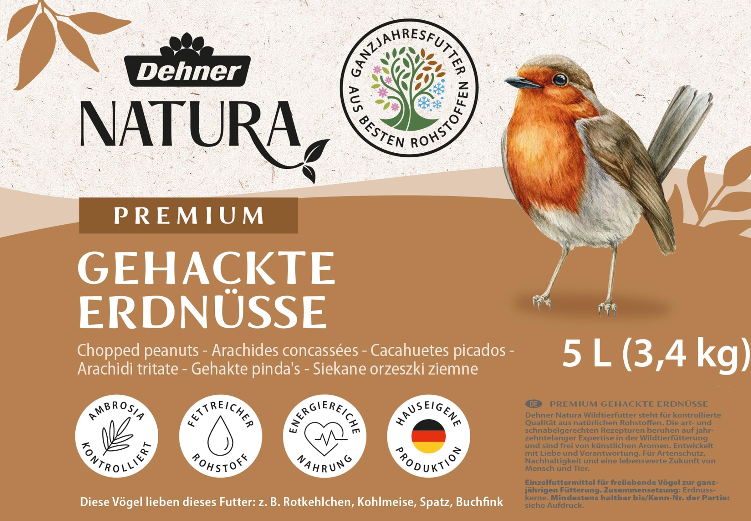 Dehner Natura Premium mangime per Uccelli Selvatici Arachidi tritate 5 l 3,4 kg
