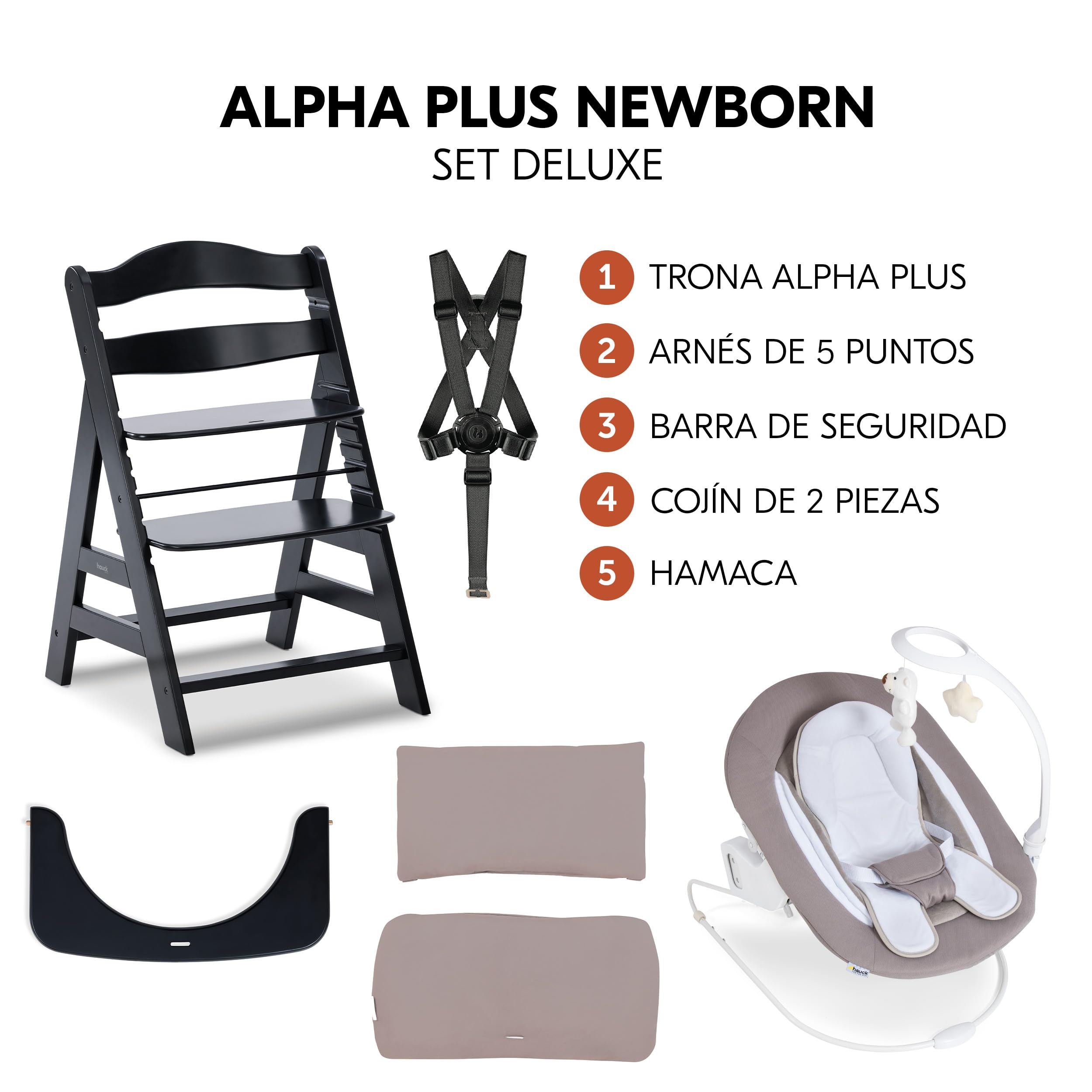 hauck Alpha Plus Newborn Set Deluxe Trona Evolutiva Bebe con Hamaca, Cojín y Arnés - Hamaca Alta Reclinable desde el Nacimiento - Silla Madera Niño Regulable - Tronas Infantiles de Madera - Negro | Trona de madera para niños desde el nacimiento hasta 90 k