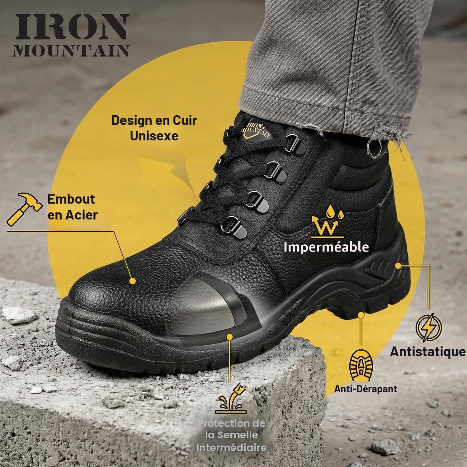 Iron Mountain Bottes de Sécurité S3 SRC Unisexe – Chaussures de Travail en Cuir avec Embout Acier, Semelle Anti-Perforation, Imperméables, Antidérapantes (UK 10 / EU 44)