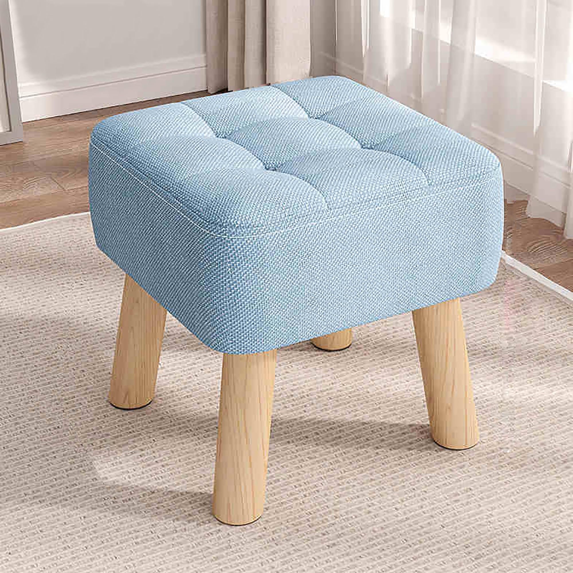 LWJSOCP Multi-Functional Ottoman with Footrest Blue Pouf for Shoe Changing Small Coffee Table Makeup Vanity Stool Leather Upholstered Footstool 30x30x34cm