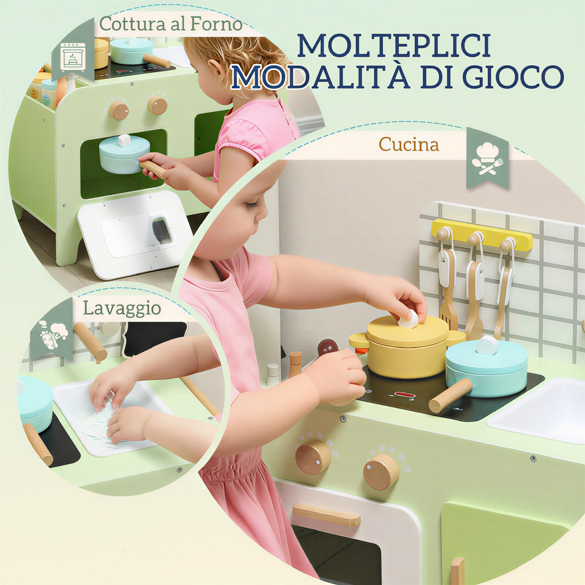 AIYAPLAY Set Cucina Giocattolo in Legno, Cucina per Bambini Età 3+ Anni con 15 Accessori, Microonde, Armadietti e Lavandino, Verde