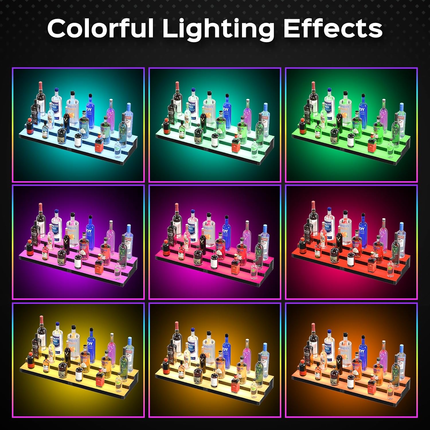 LED Illuminated Bar Bottle Display Rack, 3-Tier 32" Multi-Color Whiskey Rack, Tabletop Wine Rack Equipped with RF Remote Control and App Control Ideal Choice for Home Bar, Whiskey Lovers Gift