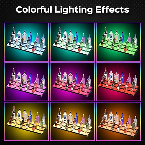 Miniatura 6 de Paquete de 2 estantes de exhibición de botellas de licor con luz LED, soporte de pared de barra de madera, 15.7 pulgadas, paquete de 2, con control