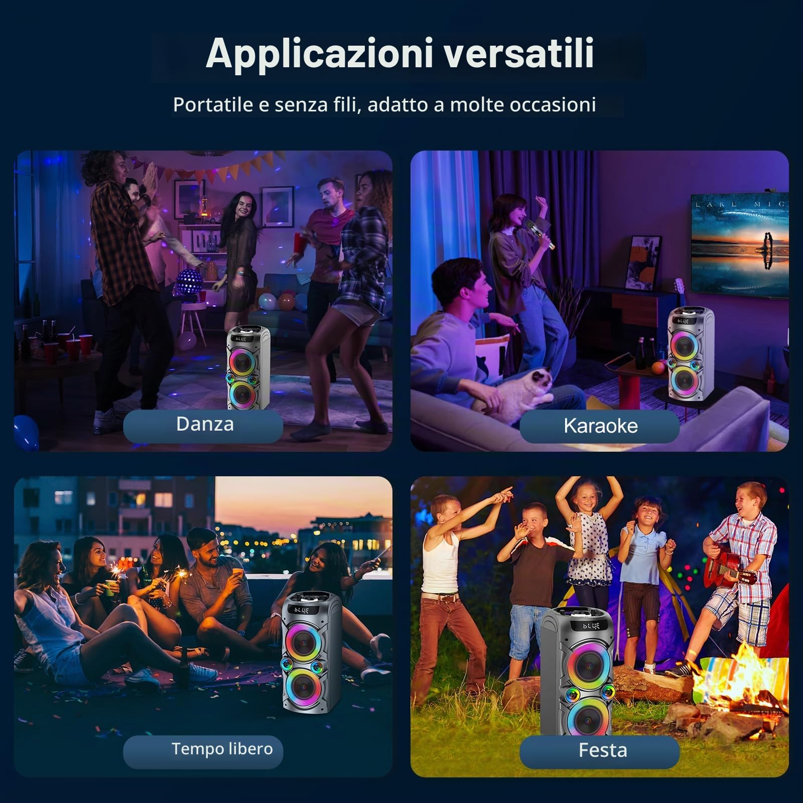 Altoparlante Bluetooth portatile 100 W Big Potente Boombox Wireless TWS Accoppiamento Suono Stereo Forte Bassi Profondi Grandi Altoparlanti per feste con Subwoofer Luci LED per Outdoor Casa Campeggio