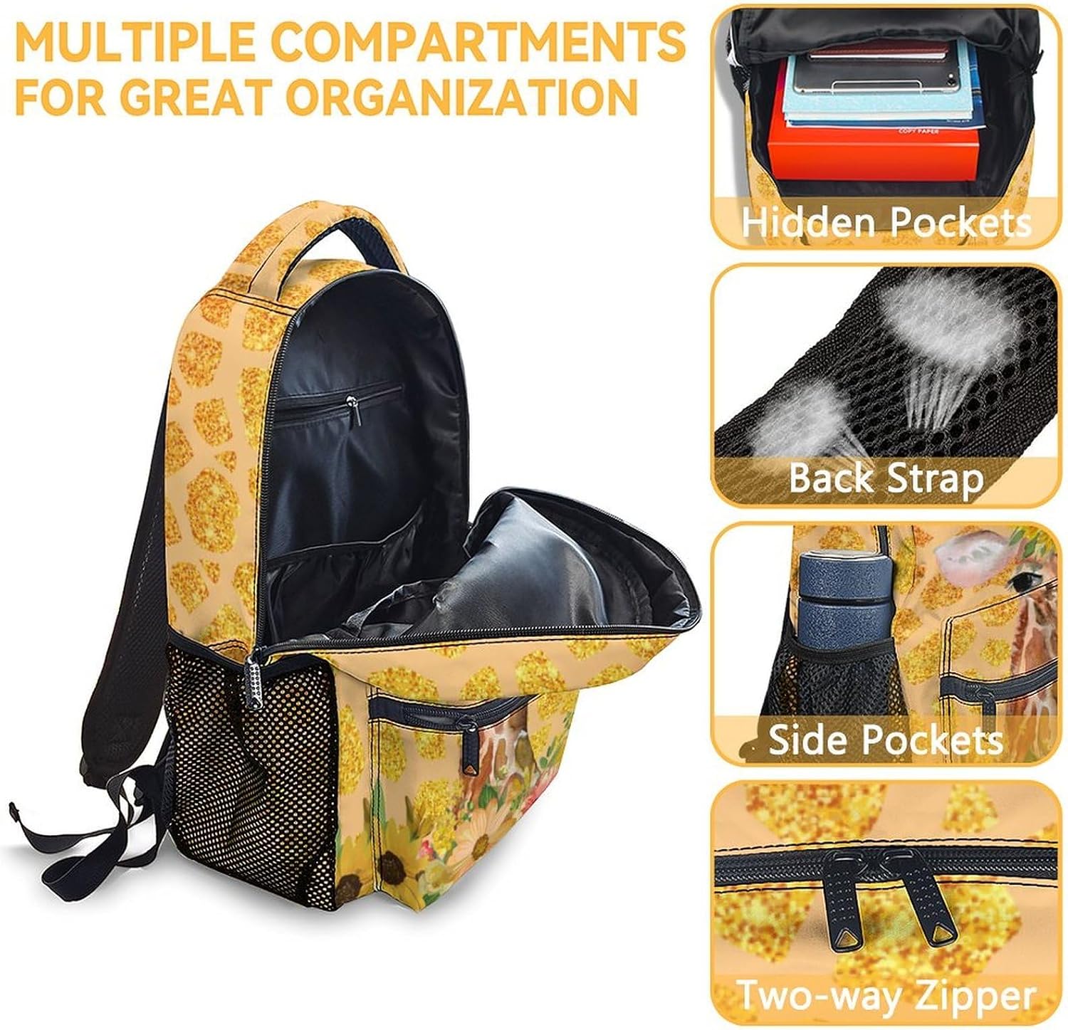 Giraffe Backpack for Girls Boys - 16 Inch Orange Backpacks for School - Fashion Lightweight Durable Bookbag for Kids