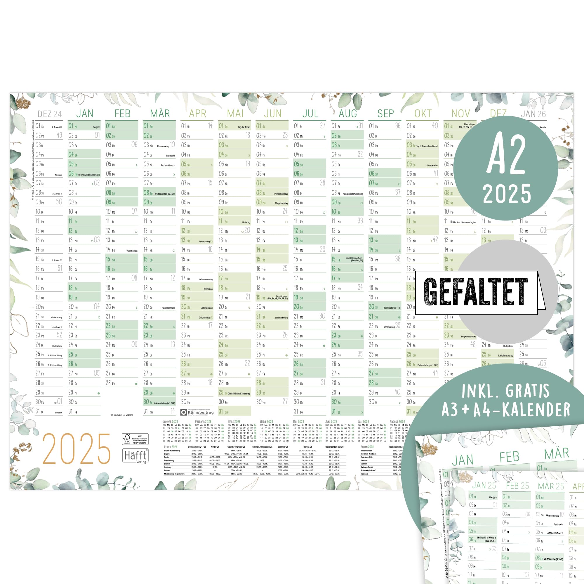 Häfft Abwischbarer Wandkalender 2026 A2 - 14 Monate Mit Feiertagen & Ferien