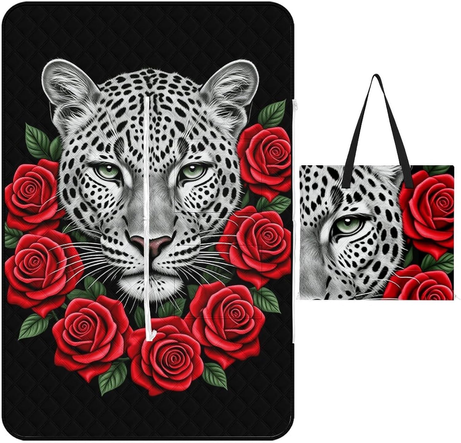Funny Red Rose Flower and Cheetah Picnic Blanket 150x100cm, Foldable 2-in-1 Picnic Mat and Tote Bag Portable Waterproof Beach Mat Sandproof Outdoor Blanket for Park, Hiking, Beach, Camping, Travel