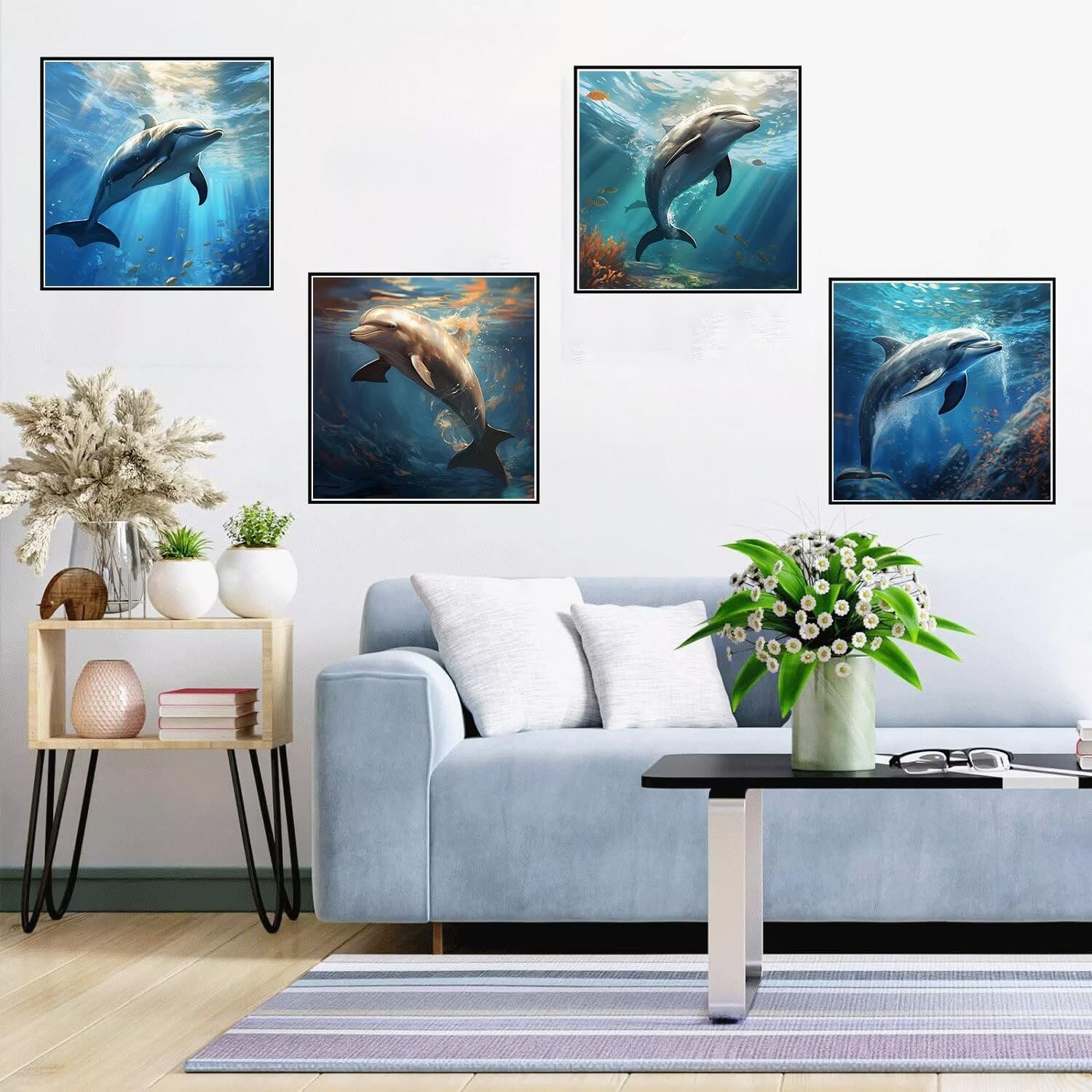 Diamond Painting Delfin,80x80cm/32x32inch 4 Pack DIY 5D Diamand Painting Erwachsene,Diamond Painting Set Tier Diamant Painting Bilder Kinder Diamant Malerei,für Zimmer Deko,Mädchen Geschenke Ws-12213