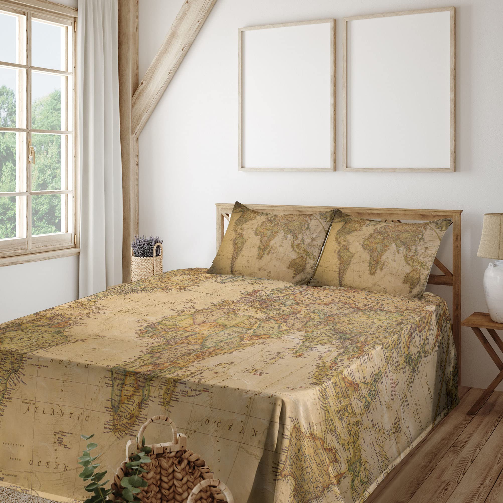 (similar)Lunarable World Map Sheet Set, Anthique Old World Map in Retro Colors Nostalgic Vintage Design Art Print, Fitted and Flat Sheet with Pillowcases Bedding Accent 4 Piece Set, King, Pale Coffee Cream