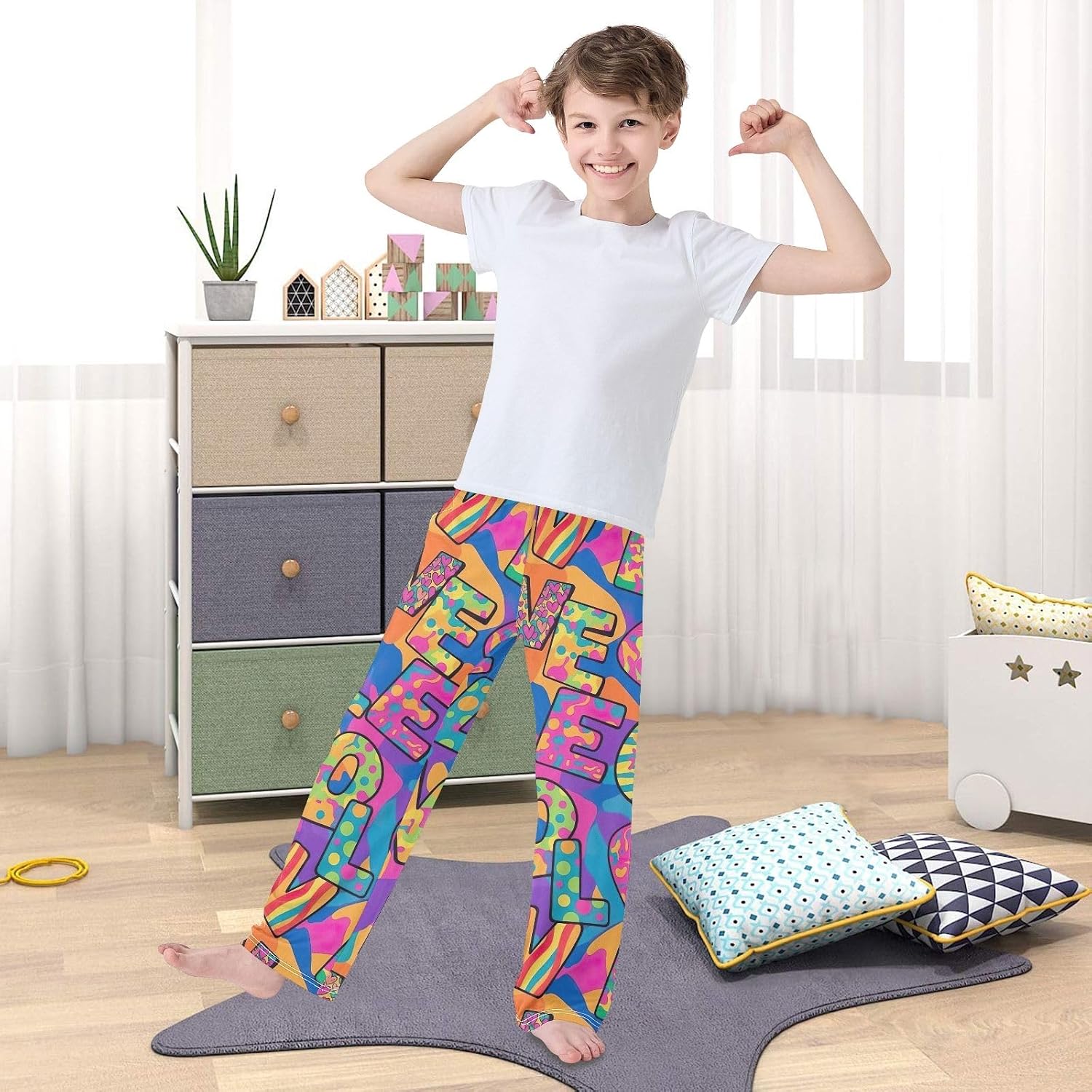 Colorful Art Letters Pajama Pants, Lightweight Modal Lounge Sleepwear with Pockets Elastic Waist