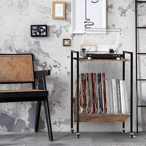 Miniatura 4 de YBING Soporte para tocadiscos de 2 niveles con estante de almacenamiento para álbumes, soporte para tocadiscos con marco de metal y ruedas, color
