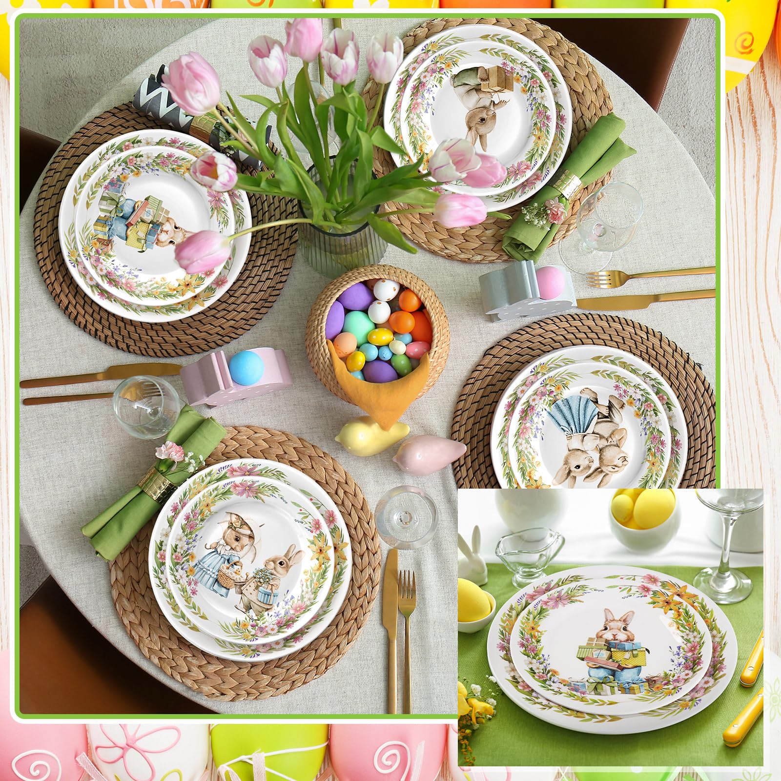 Lot de 8 assiettes à salade et 10 assiettes de dessert de lapin de Pâques de 8 pouces et 10 pouces, assiettes de dessert aux designs variés, assiettes multicolores, vaisselle de lapin de Pâques