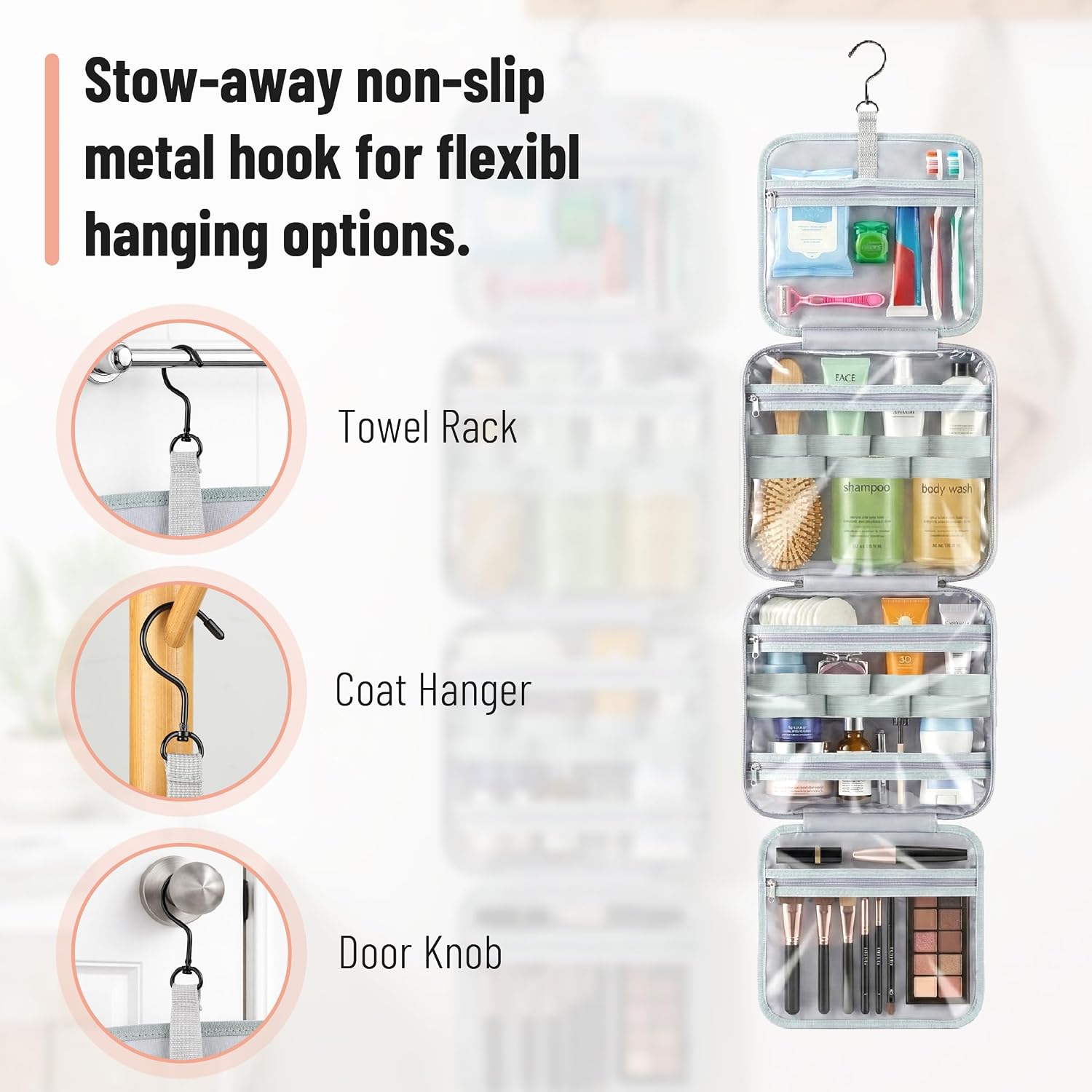 Ms. Pen- Travel Toiletry Bag Organizers, Gray | Makeup Travel Bag for Toiletries with Hanging Hook, Water-Resistant