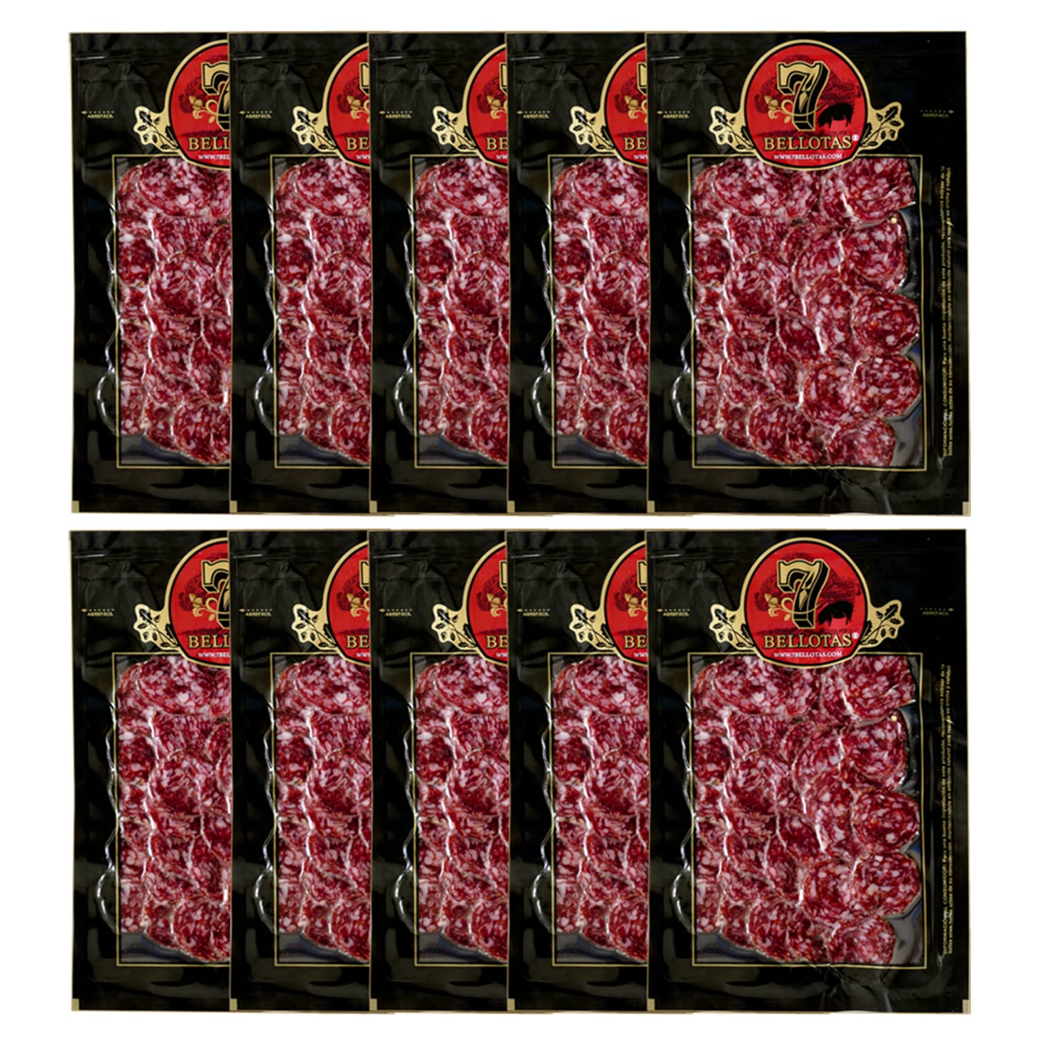 7 BELLOTAS Iberischer Schweine-Salami | Salchichon 100% Ibérico Rasse Bellota Pata Negra | Salamiwurst vom Iberischen Eichelschwein (Geschnitten 10X100G)