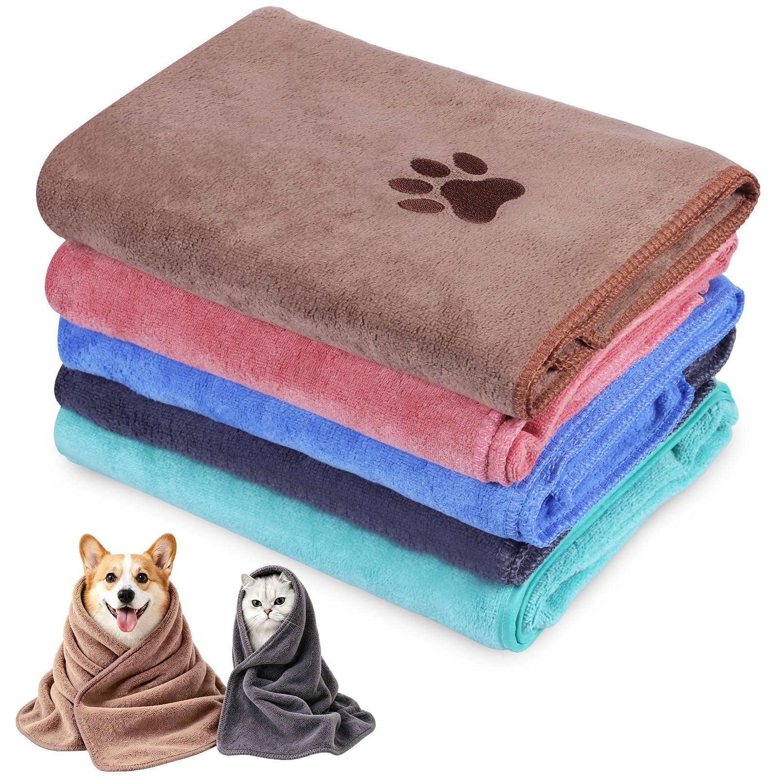 Dog Towels for Drying Dogs 5 Pack, 35 x 75 cm Microfibre Dog Towels, Super Absorbent Quick Dry Pet Towels for Dogs, Puppies and Cats, Soft Dog Bath Towels for Grooming, Travel, Wet Walks and Swimming