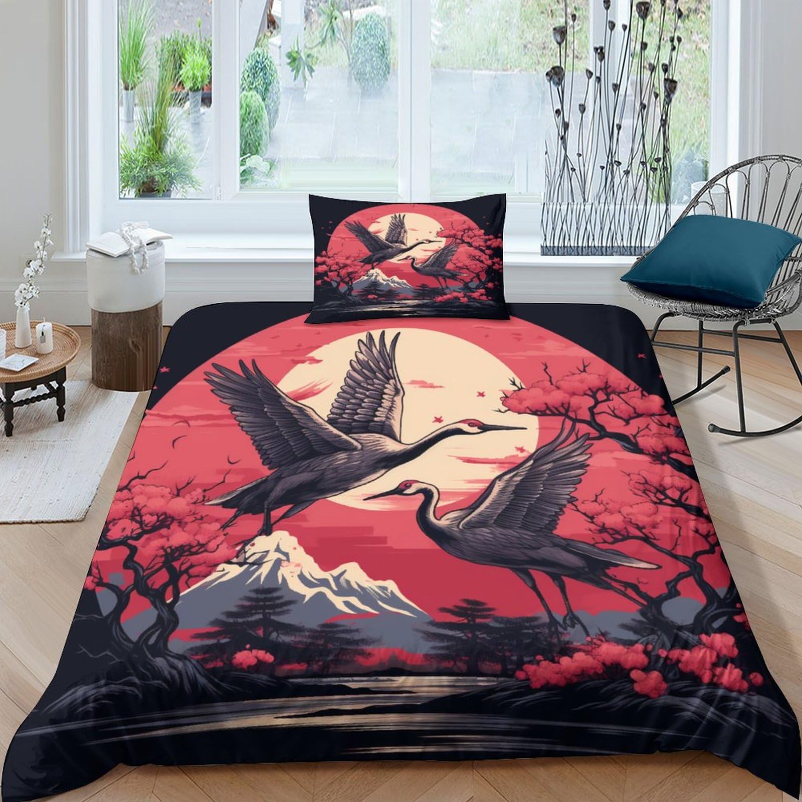Parure de lit 3 pièces single 135x200 avec housse de couette grue japonaise et taies d'oreiller