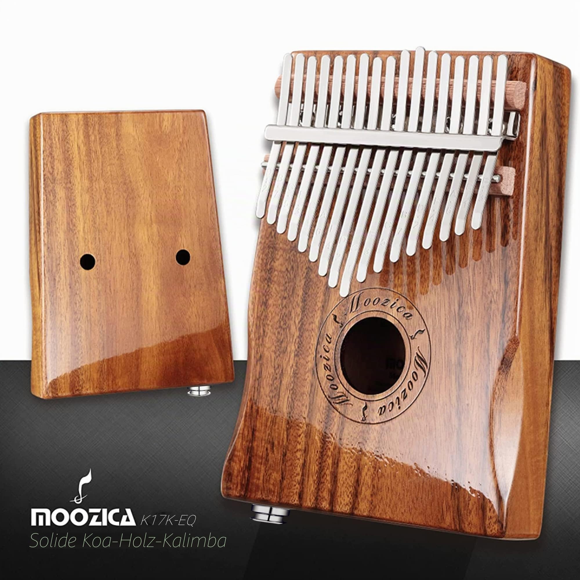 MOOZICA 17 Tasten EQ Kalimba Marimbaphone aus Koa-Holz Mit Integriertem Tonabnehmer und Professionellem Gehäuse (K17K-EQ)
