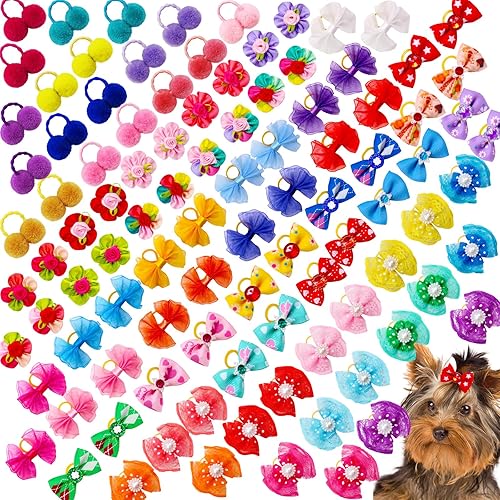 Miniatura 7 de 100 lazos para el pelo de perro, lindos lazos para el pelo de perros pequeños con bandas de goma, mezcla de bolas de soplo de flores hechas a mano,