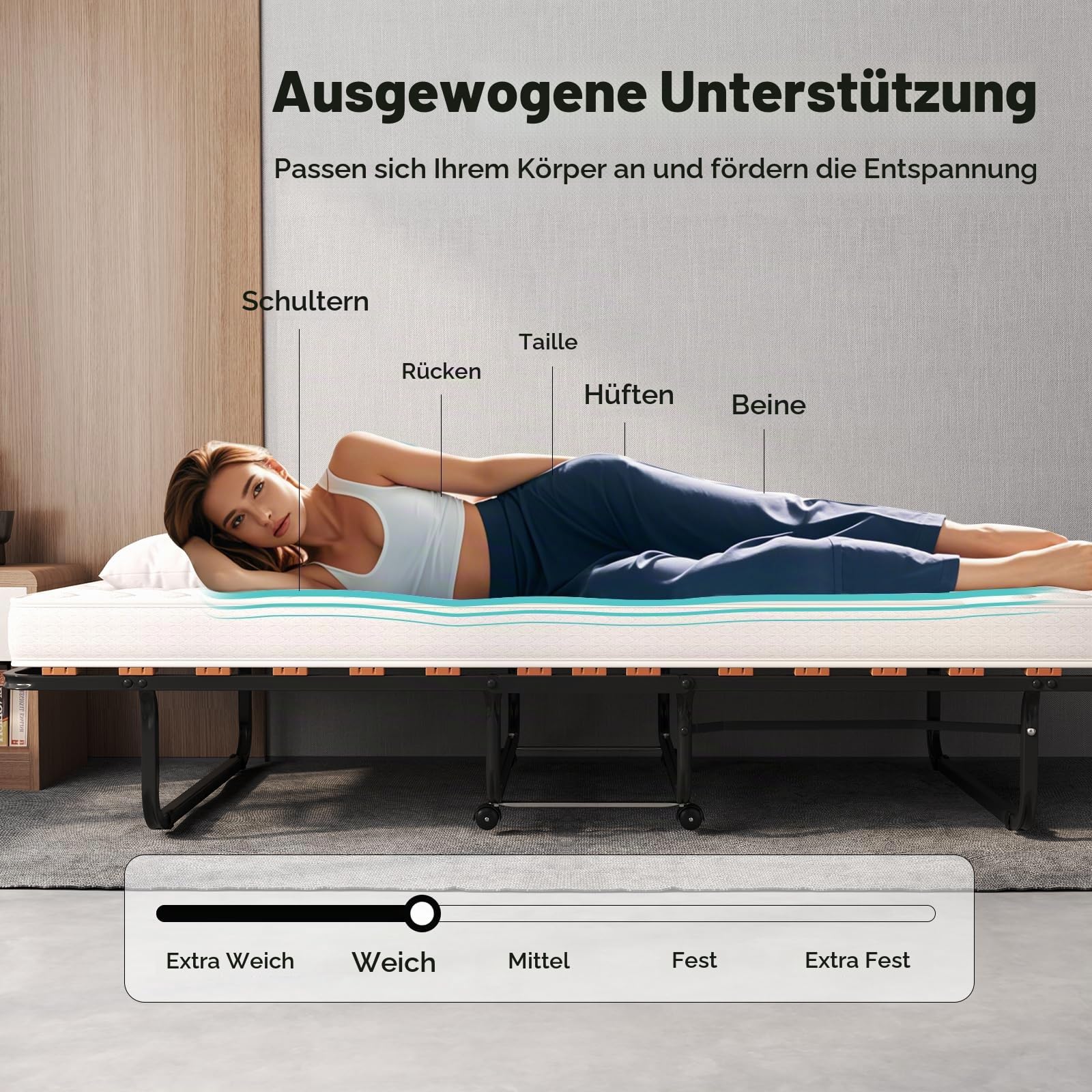 GIANTEX Klappbett 80x200 cm, Gästebett klappbar mit 4 Rollen, Reisebett Erwachsene, Klappbares Bett mit Matratze Memory-Foam, Einzelbett mit Lattenrosten, Faltbett Metallbett bis 120 kg belastbar
