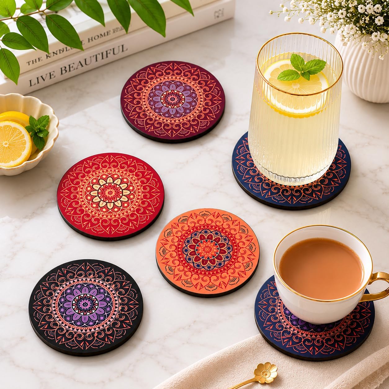 GKD Coaster Set of 6 Beautiful Wooden Coasters with Proper Coaster Stand Designer Set fit for Tea Cups, Coffee Mugs and Glasses (6 pc Round 3.5 x 3.5 inch) Multi Color