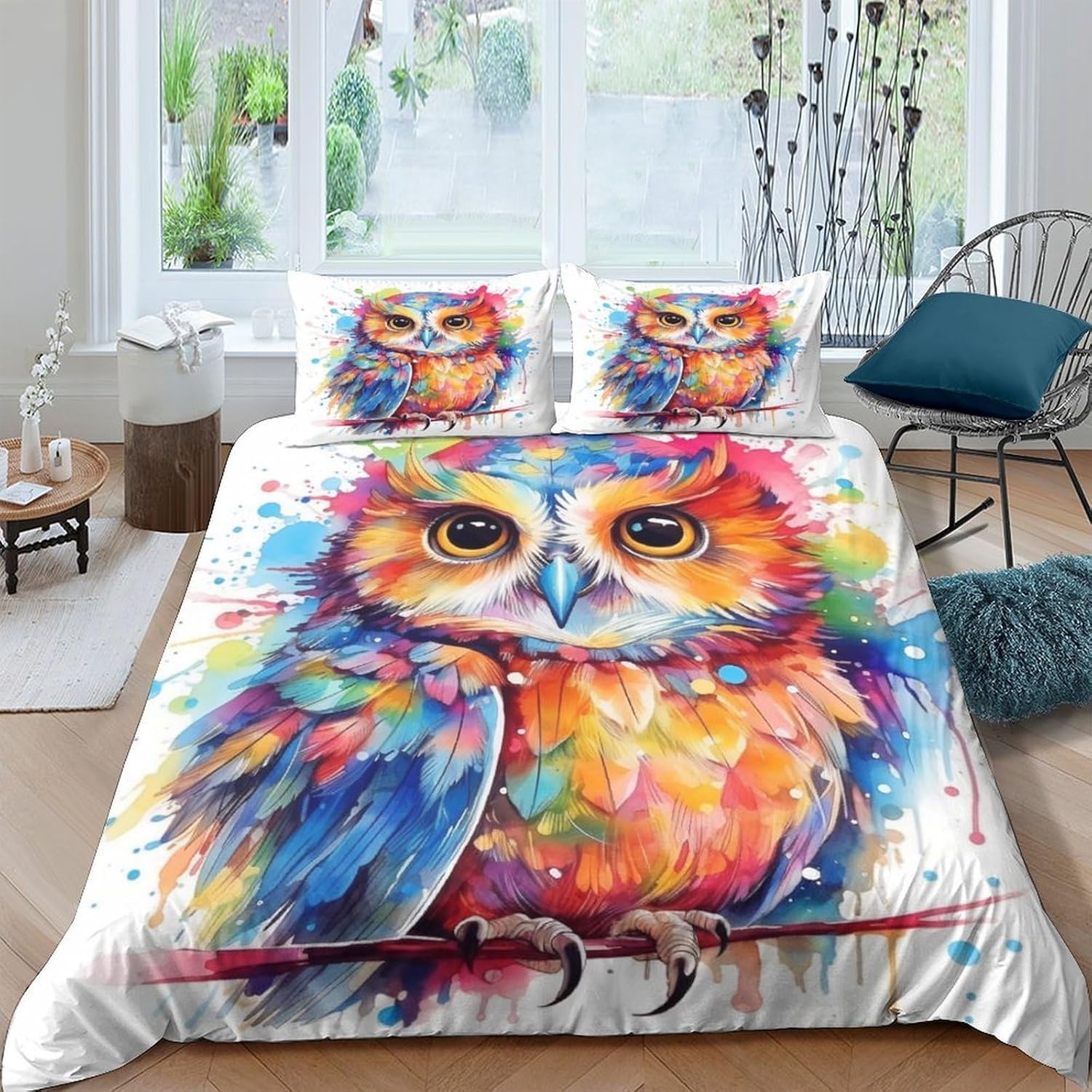 Parure de lit 3D chouette avec housse de couette 200x200 cm et taies d'oreiller pour chambre enfant