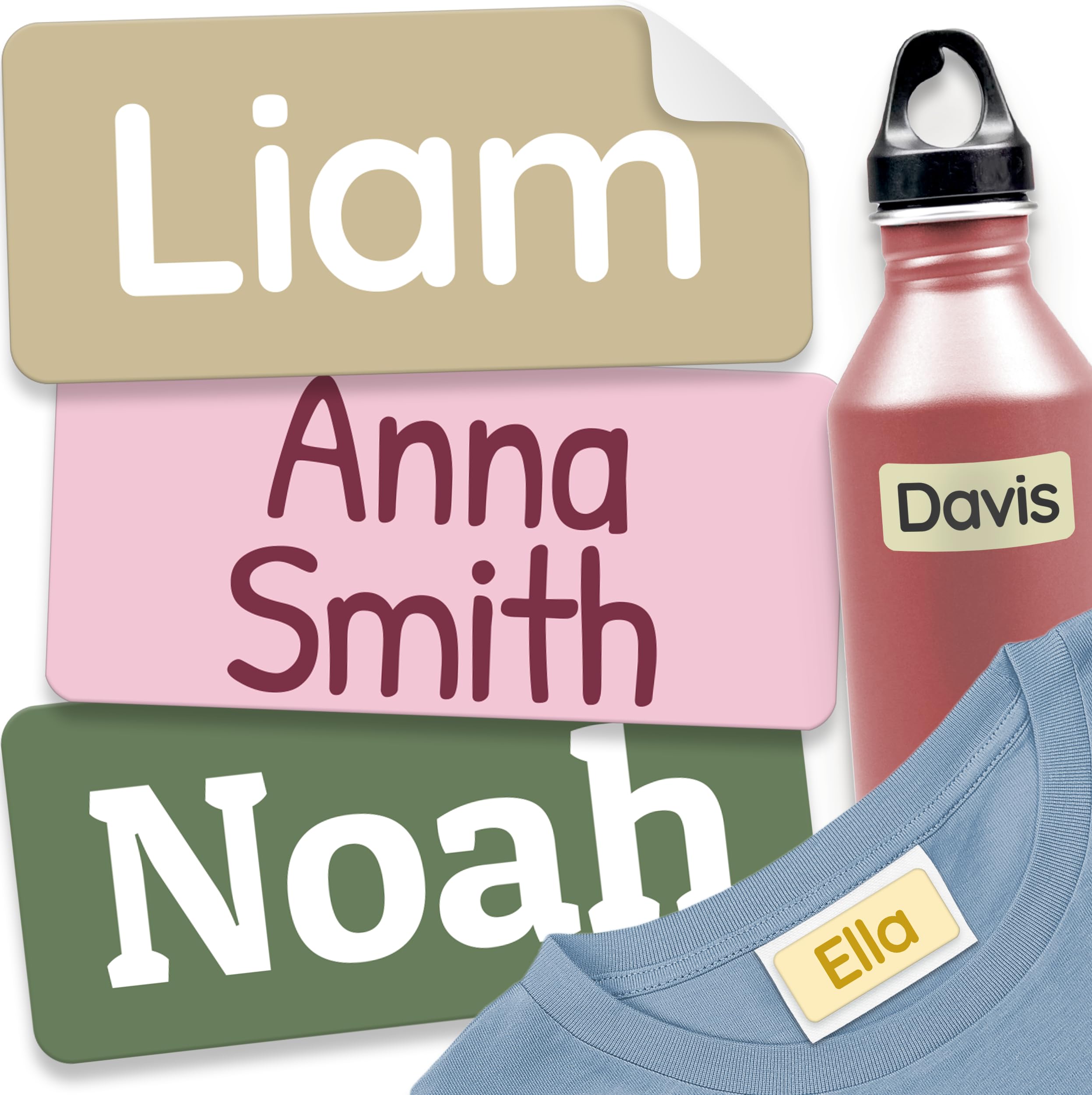 melu kids® Stick on Name Labels for Clothes & Items (60), Washable and Personalised Clothing Kids Name Stickers, Tags for School, No-Iron Labels - Earth