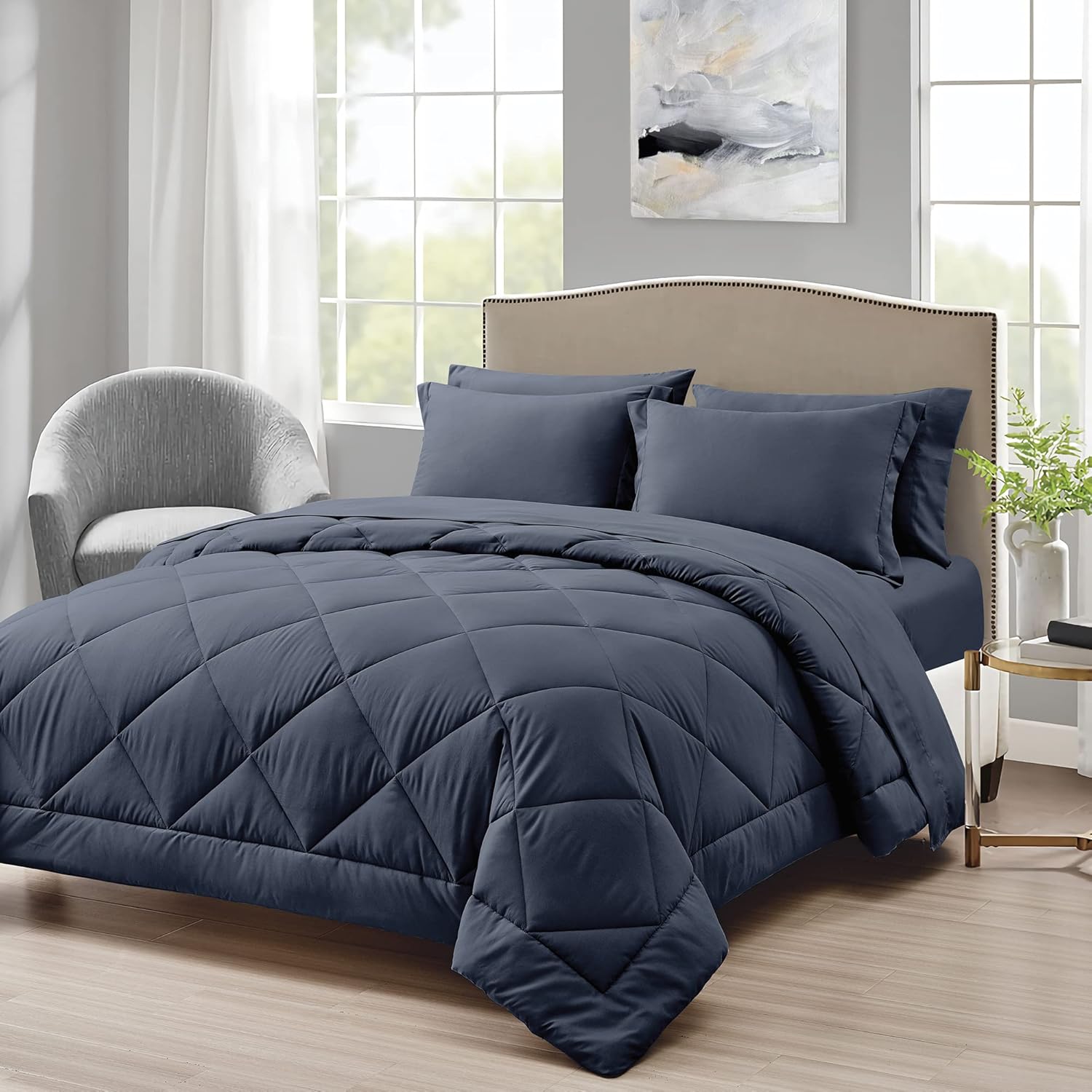 Love's cabin King Size Comforter Set Navy Blue, 7 Pieces