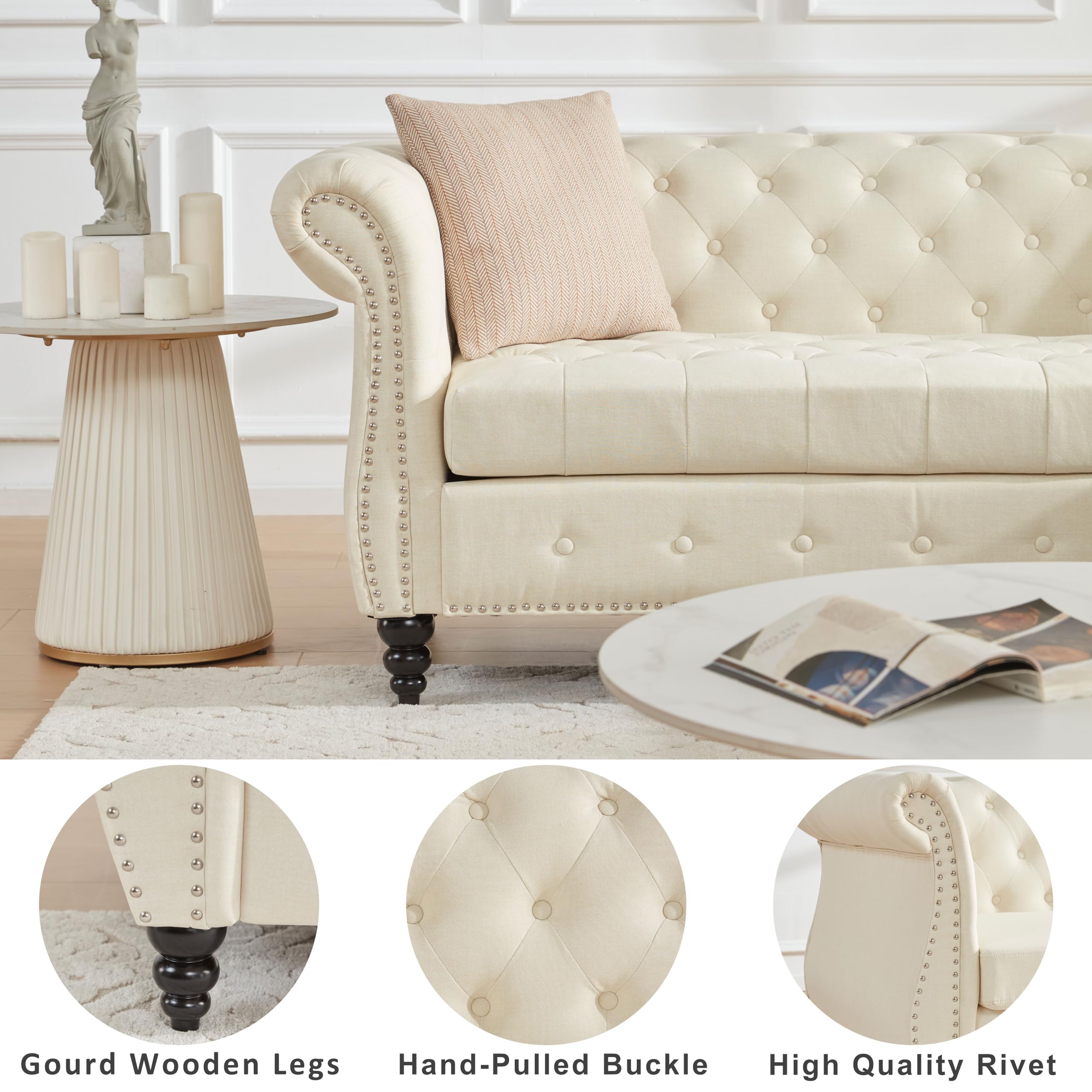 Tbfit Chesterfield Sofa with Rolled Arms, Classic Button Tufted 3 ...