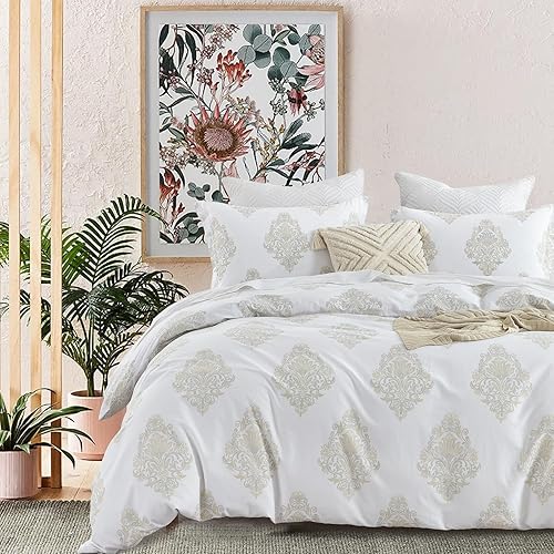 Y-PLWOMEN Funda de edredón King  Funda de edredón 100% algodón tamaño King, juego de funda de edredón de 3 piezas con patrón de medallón de damasco,