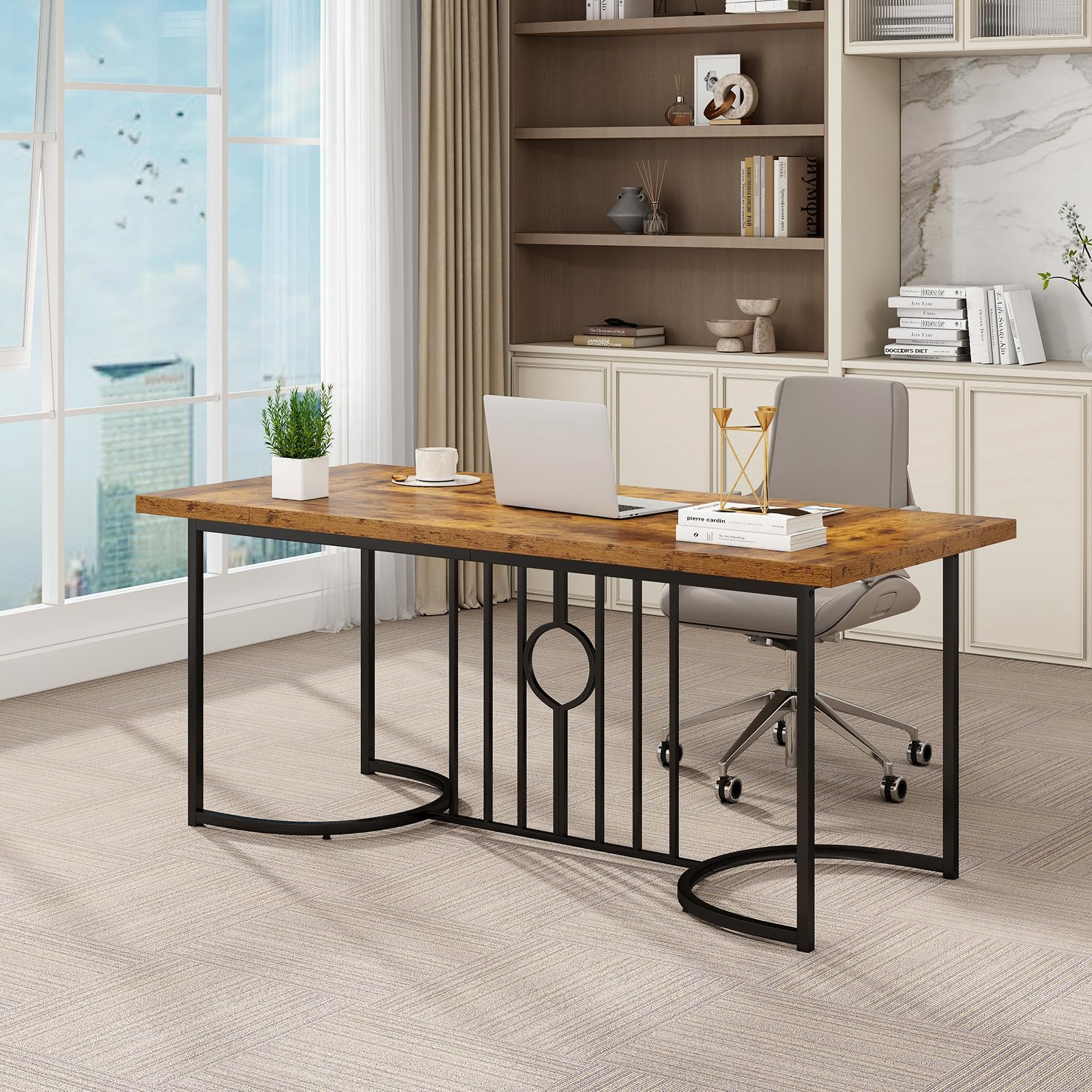 COSTWAY Tavolo da Pranzo 180 x 79 x 75 cm per 6-8 Persona, Tavolo Cucina Rettangolare in Legno con Struttura in Metallo, Mobile moderno per Sala da Pranzo e Ufficio, Capacità di Carico 135kg