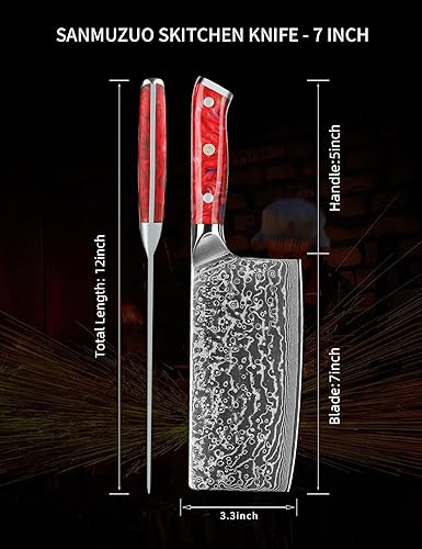 Miniatura 5 de SANMUZUO Cuchillo chino de chef  Cuchillo de carnicero de 7 pulgadas  Serie Xuan  Cuchillo de cocina de acero Damasco VG10  Mango de resina (rojo