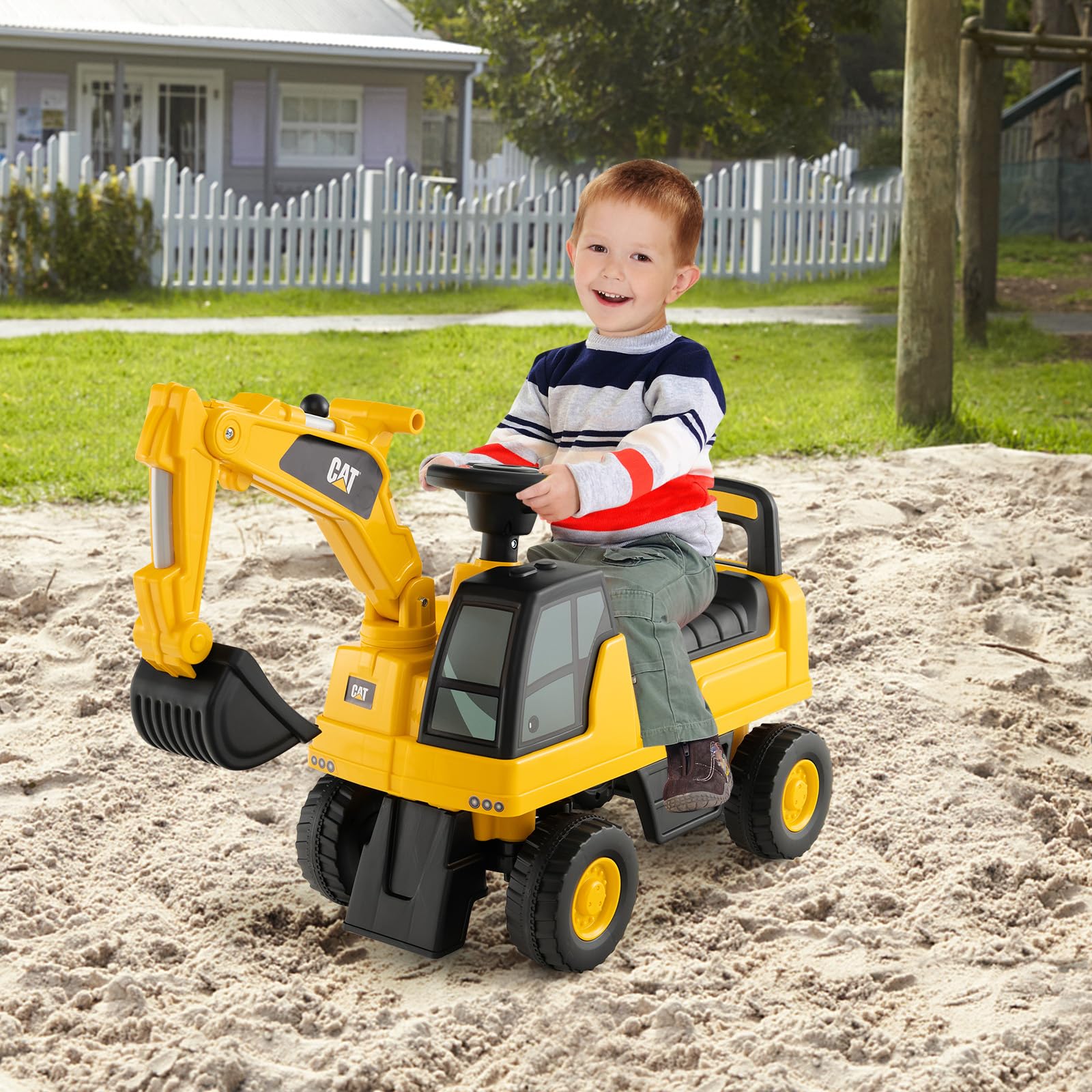 RELAX4LIFE Escavatore Ruspa Cavalcabile da 1-3 Anni per Bambini, con Licenza CATERPILLAR,Clacson suono,Braccio Girevole e Alzabile e e Vano Contenitore, 30x74x54 cm