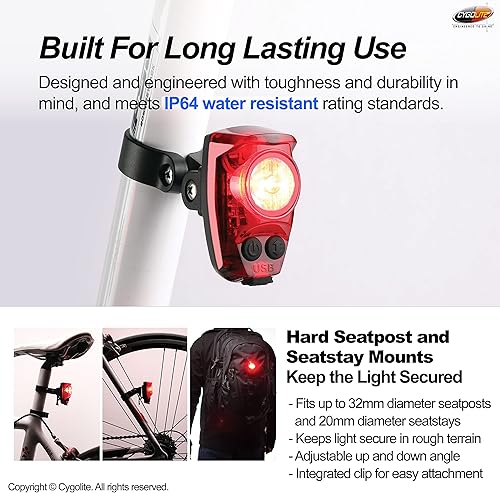 Miniatura 6 de Cygolite Hotshot Pro - Modelos de luz trasera de bicicleta de 200 y 150 lúmenes, estilos de montaje duro y flexible, 6 modos de noche y día,