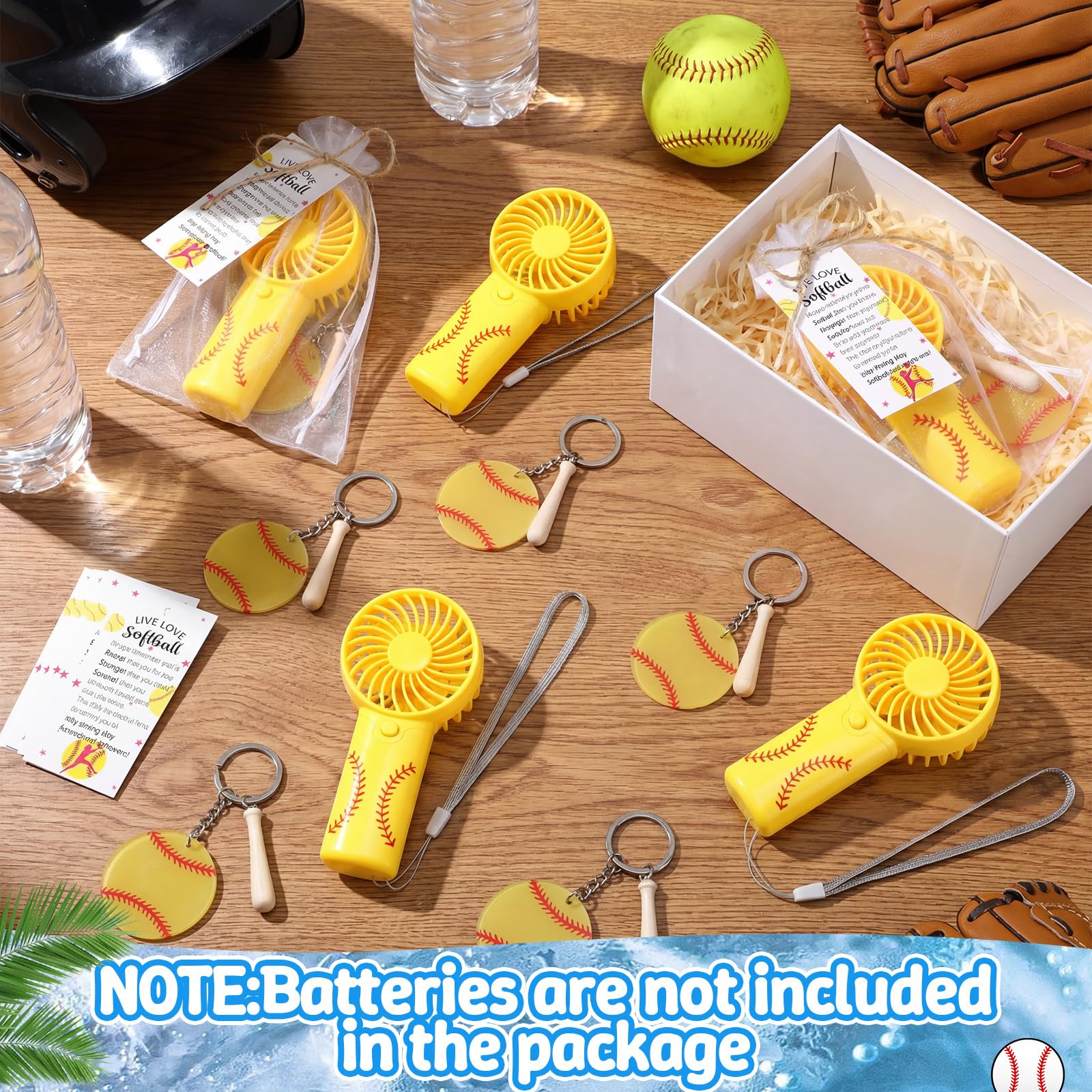 Tuanse Juego de 64 llaveros acrílicos portátiles para sóftbol, regalos de equipo deportivo con tarjetas motivacionales, bolsas de organza, ventilador alimentado por pilas, llaveros con nombre para