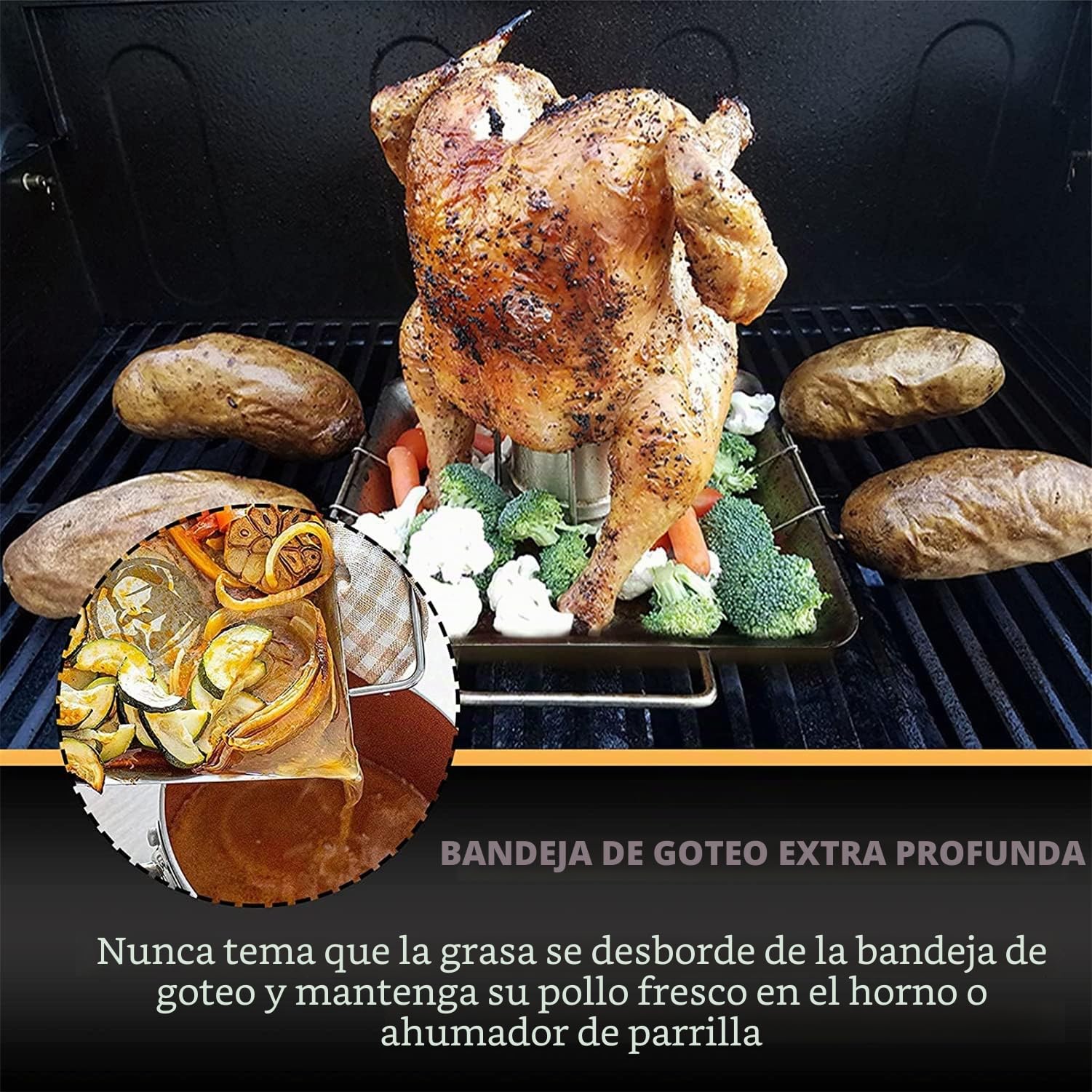 Pollo Barbacoa Soporte, Soporte para asador de Pollo de Cerveza, Soporte para Pollo de Acero Inoxidable con Bandeja de Goteo, para Acampar al Aire Libre con Barbacoa