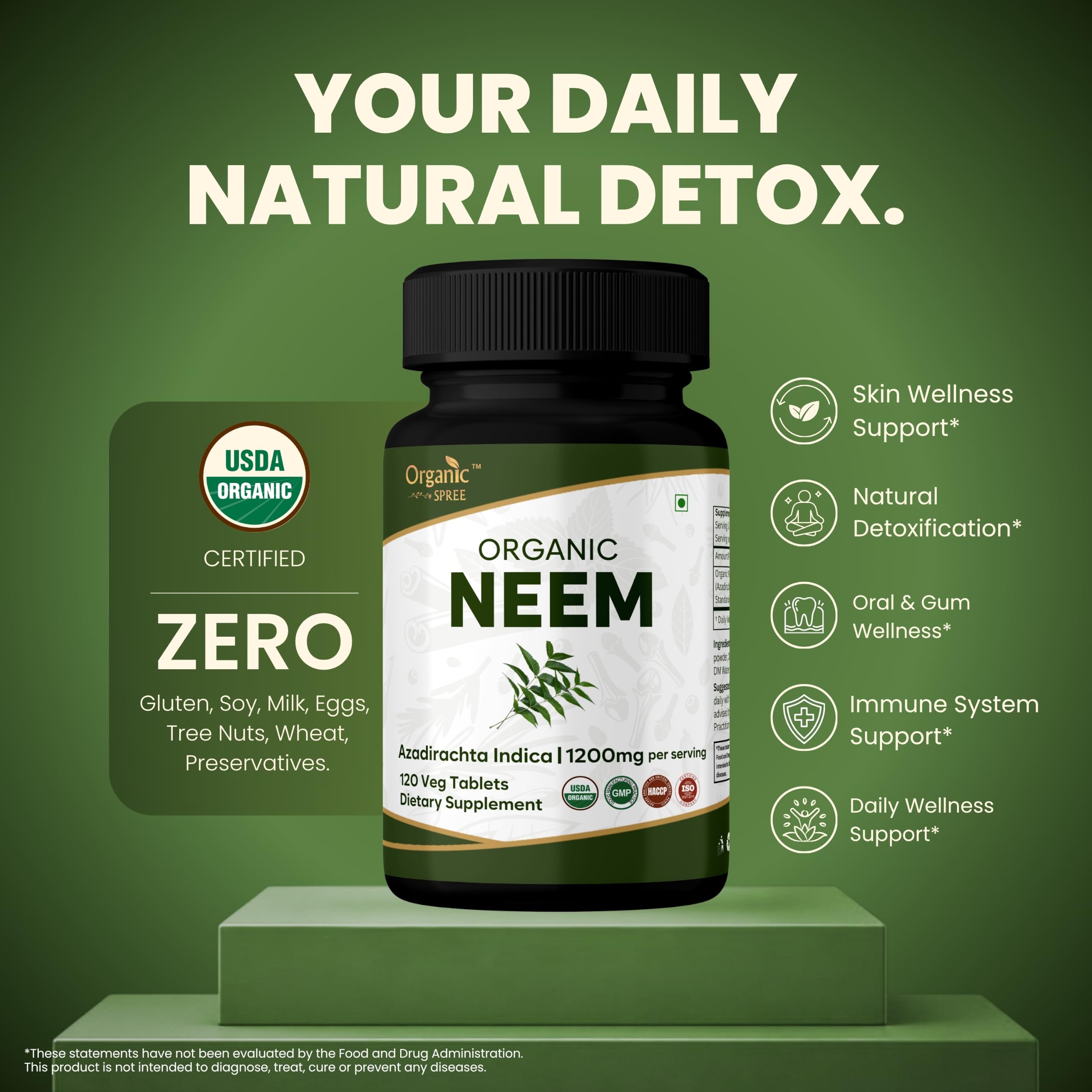 ORGANIC SPREE Neem 120 Tablets - Supports Healthy Skin, Detox & Immune Health* - Azadirachta Indica - 60 Days Supply - USDA Organic, GMP, HACCP Certified — Amazon image 2
