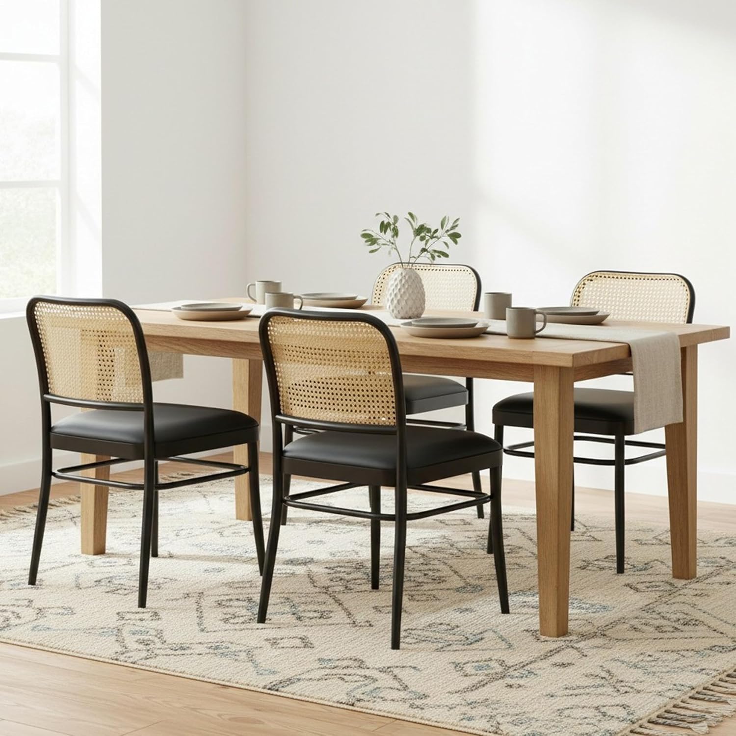 Rattan Dining Chairs Set of 4, Upholstered Faux Leather Dining Chairs with Cane Back, Mid Century Modern Kitchen & Dining Room Chairs, Boho Style, Black