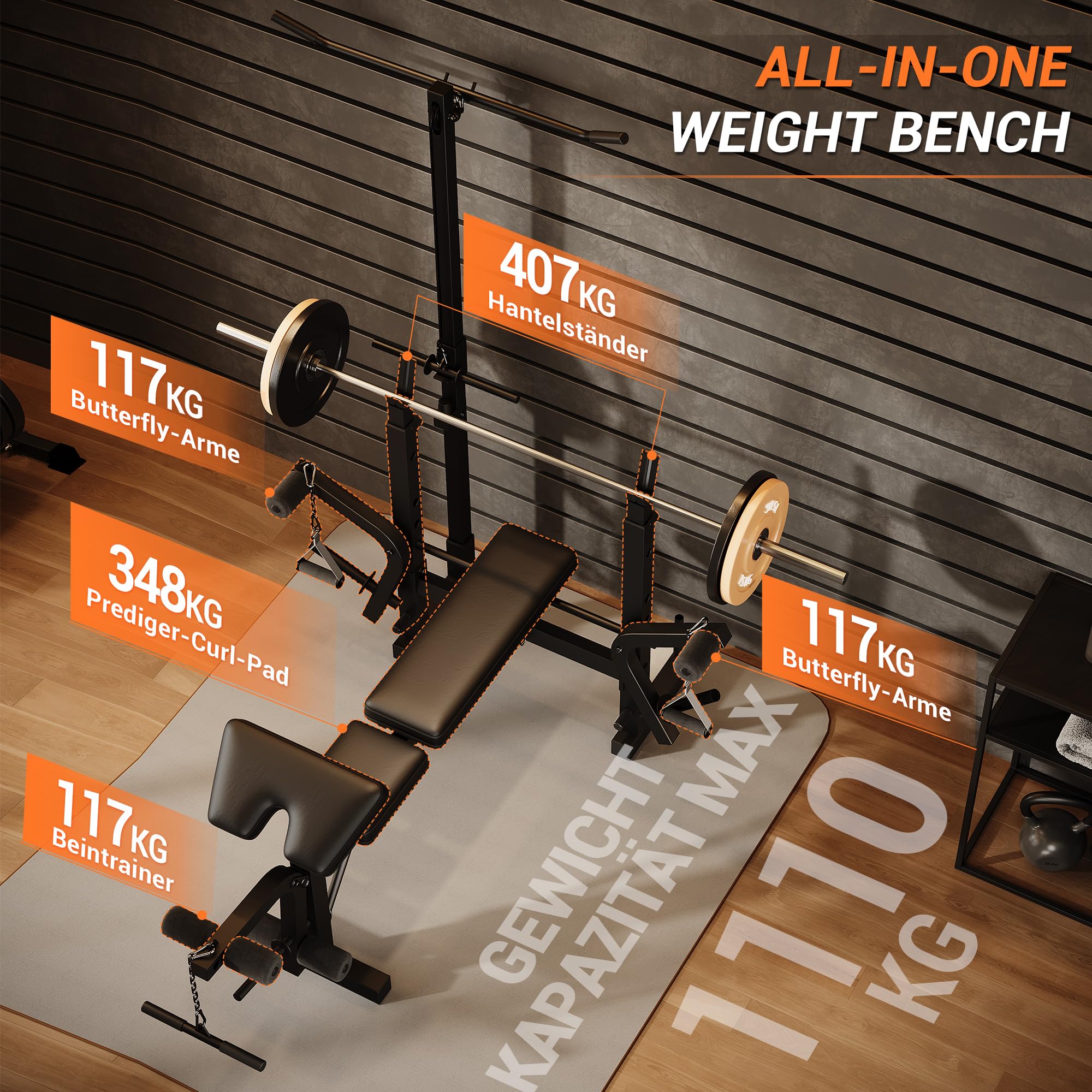 Multifunktional Hantelbank Set Klappbar, Verstellbar Hantelbank Fitnessgeräte kraftstation für zuhause mit Langhantelständer Latzugturm Seilzug Latzug Butterfly Training Bank, Beinbeuger Für Zuhause
